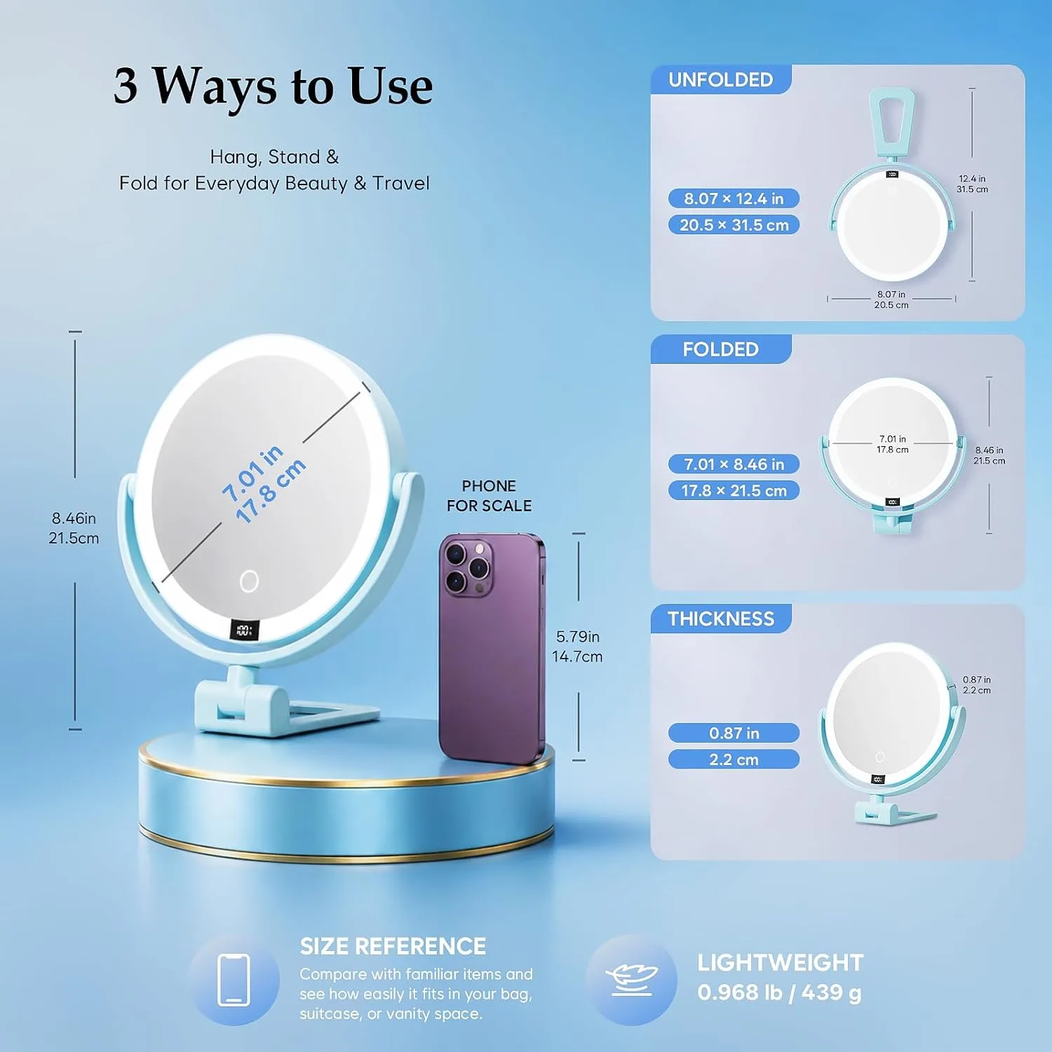 1X/30X Makeup Mirror with Lights, Magnifying Mirror (Sky Blue)