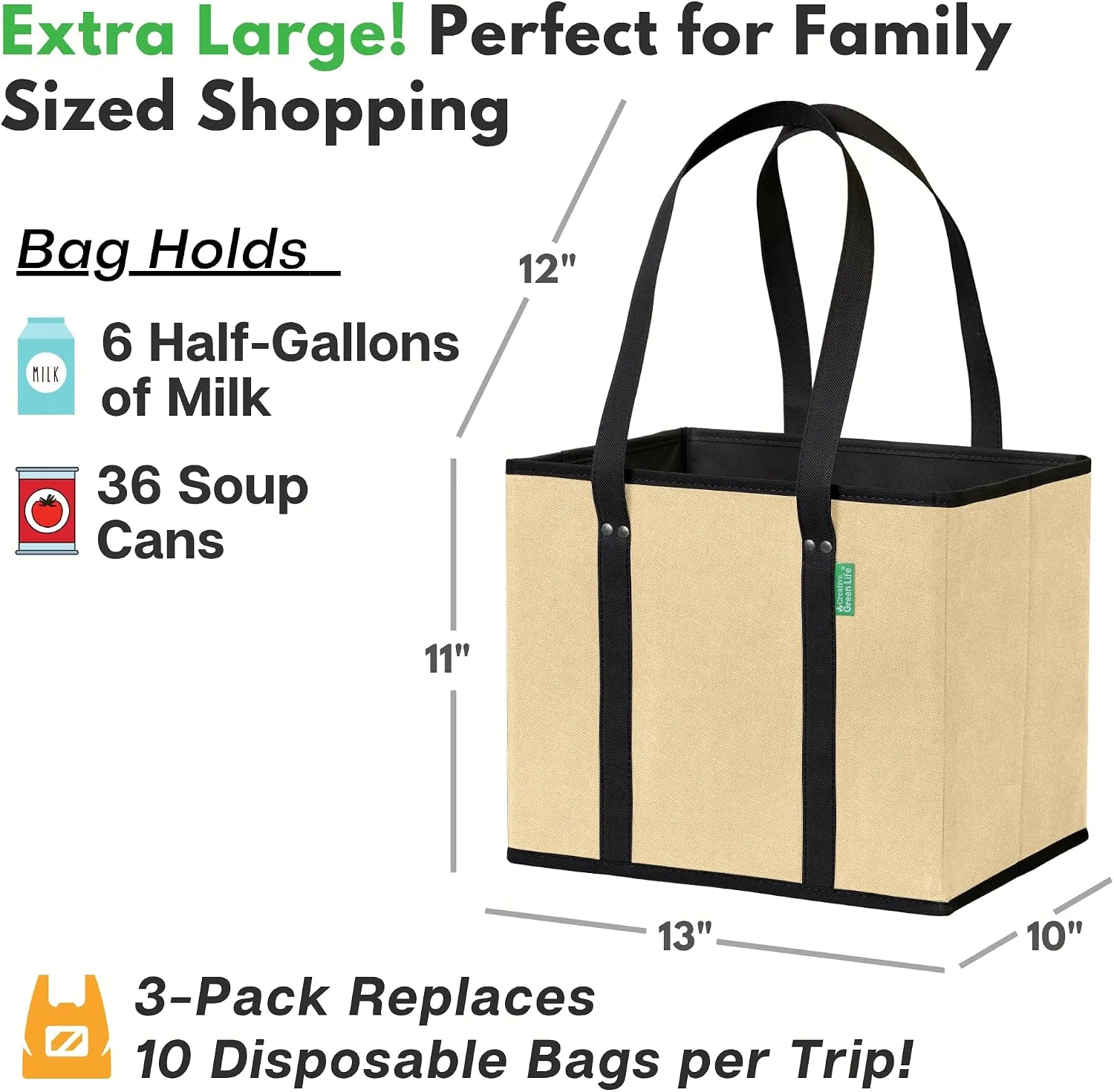 Reusable Grocery Bags (3 Pack) – Heavy Duty Reusable Shopping Bags, Beige