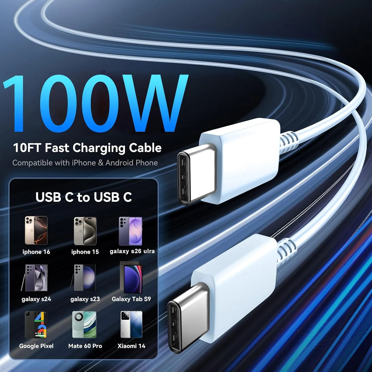 Super Fast Charger Type C 60W USB C Fast Charger Block with 10FT Extra Long Type-C Charging Cord-Super Fast Charging 3.0 for Samsung Galaxy S26 Ultra/S26/S26+/S25 /S24/S23 Ultra-Blue