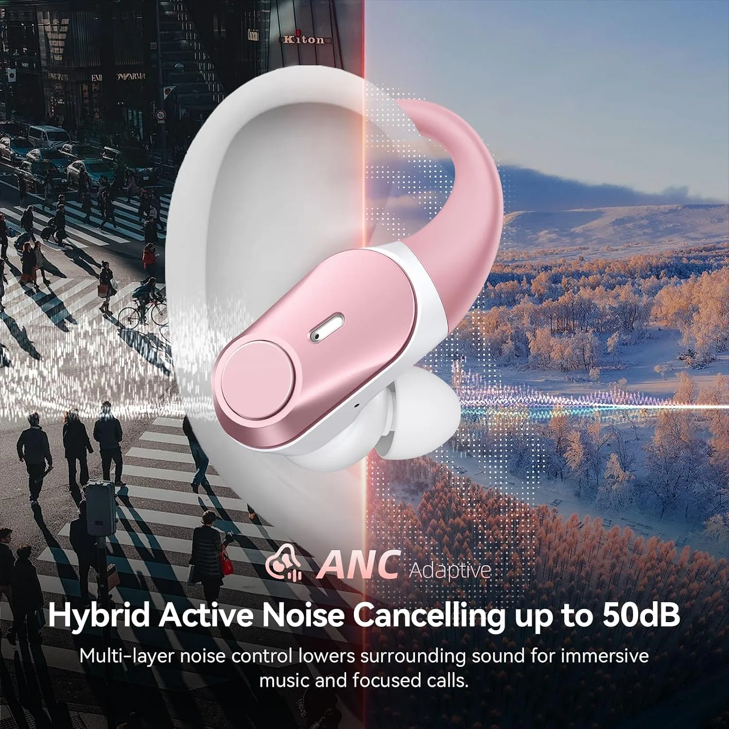 Active Noise Cancelling Ear Buds Wireless Bluetooth Headphones 80H Playtime Display Charging Case 50dB ANC Over Ear Hooks Earbuds with Hi-Res Sound Clear Calls for Sports Running Gym Workout Rose Gold