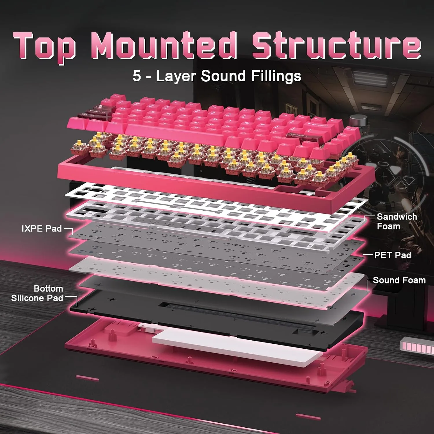 YUNZII RT75 PRO Dual 8K Wireless Gaming Keyboard (Pink,Red Switch)