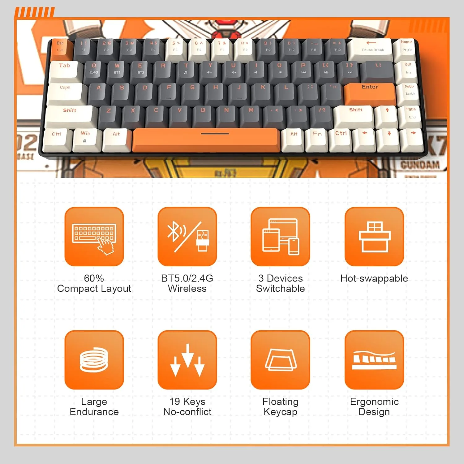 MAGIC-REFINER RK68 Compact 68 Keys Wireless Mechanical Gaming Keyboard