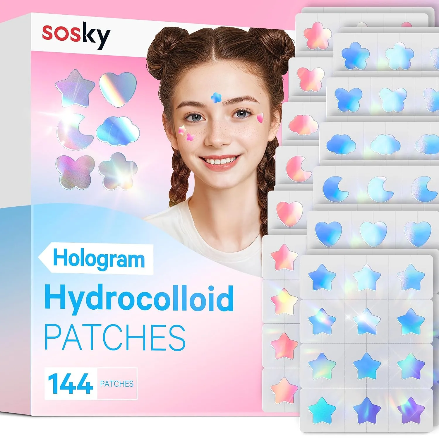 Sosky Holographic Star Pimple Patches, Hydrocolloid Acne Patches, 144 Count Blue Pink Star Heart Moon Cloud Butterfly Flower