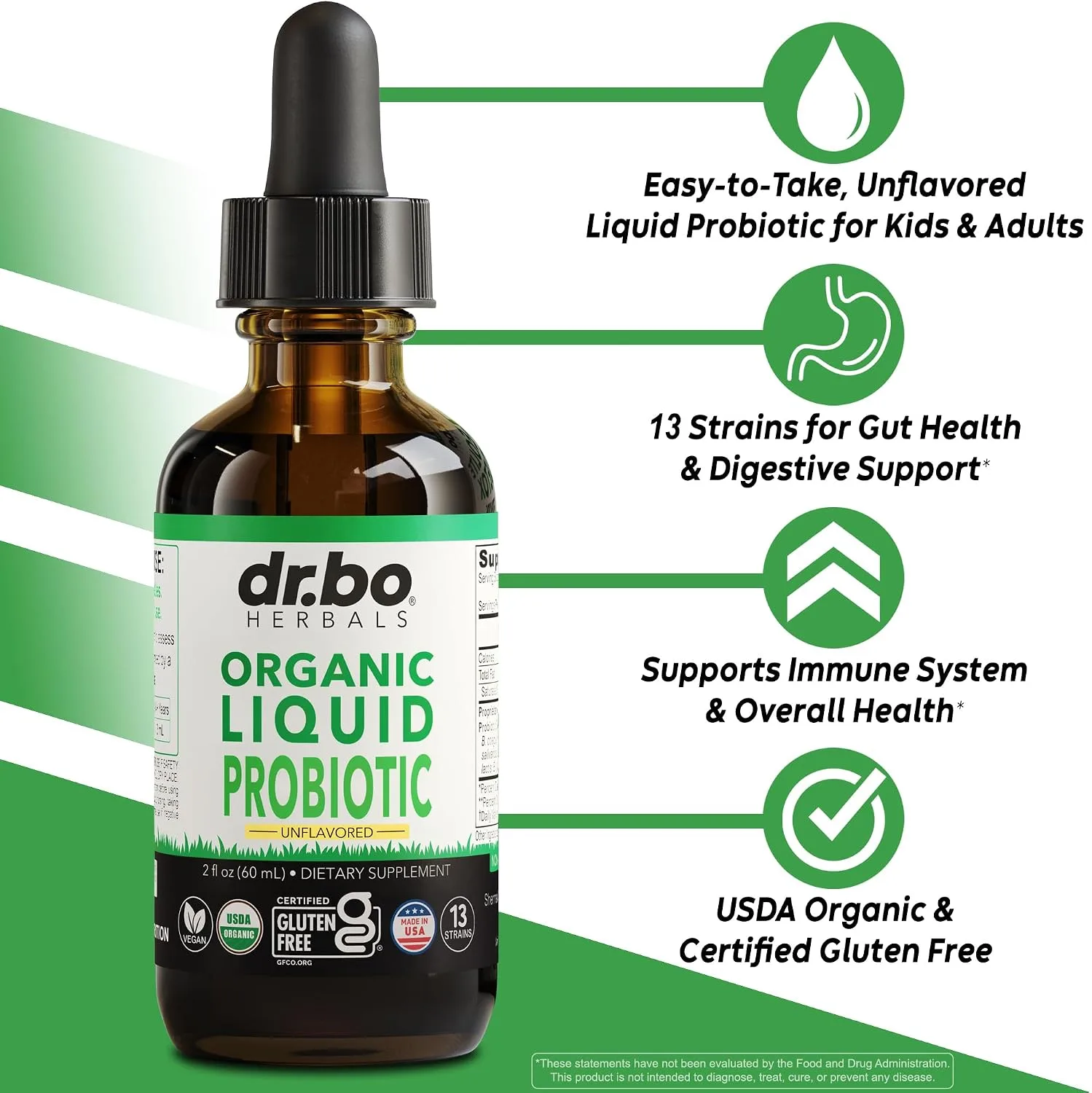 Organic Liquid Probiotic Drops Supplement - Organic Probiotics for Kids, Women & Men, Digestive Gut Health - Vegan Acidophilus Probiotics, Kid Flora Toddler Liquid Probiotic for Kids, Womens, Men 2 Oz