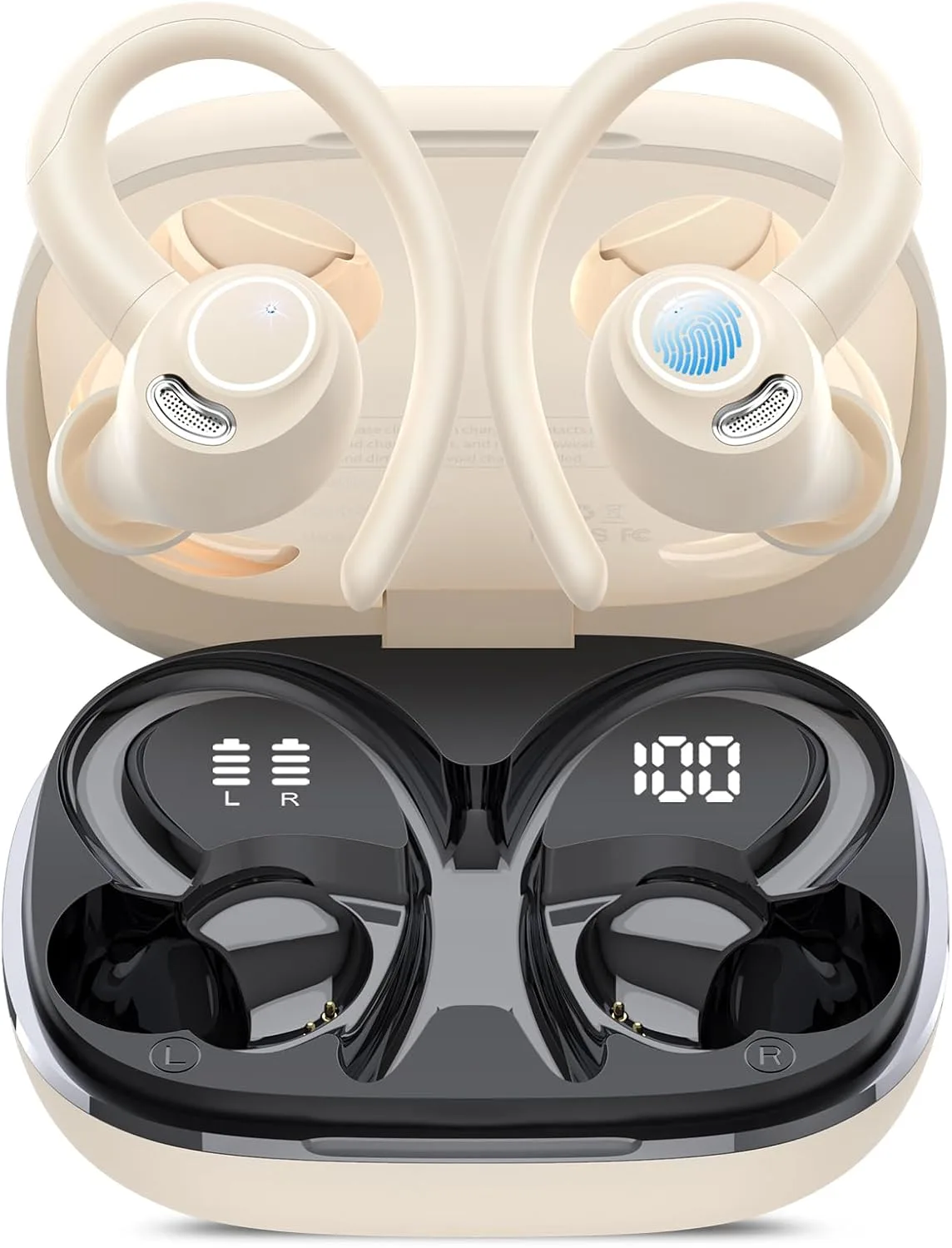 Wireless Earbuds, Bluetooth 5.4 Headphones Sport Over Ear Buds with ENC Mic Noise Cancelling,48H,Wireless Earphone With Earhooks, Stereo Deep Bass, IP7 Waterproof ear bud for Workout Running,Off White