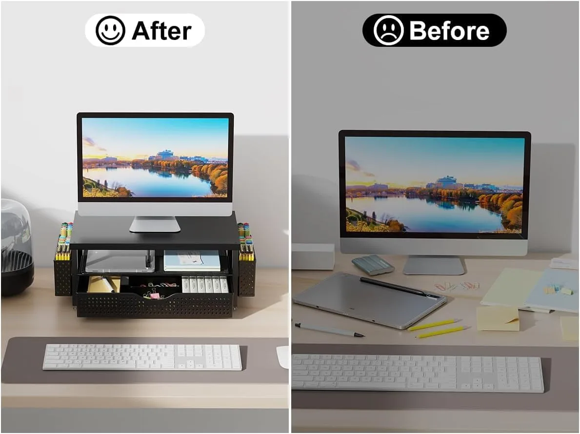 gianotter Desk Organizers and Accessories, Monitor Stand with Drawer and 2 Pen Holder, Desktop Organizer Suitable for Offices and Dormitories (Matte Black)