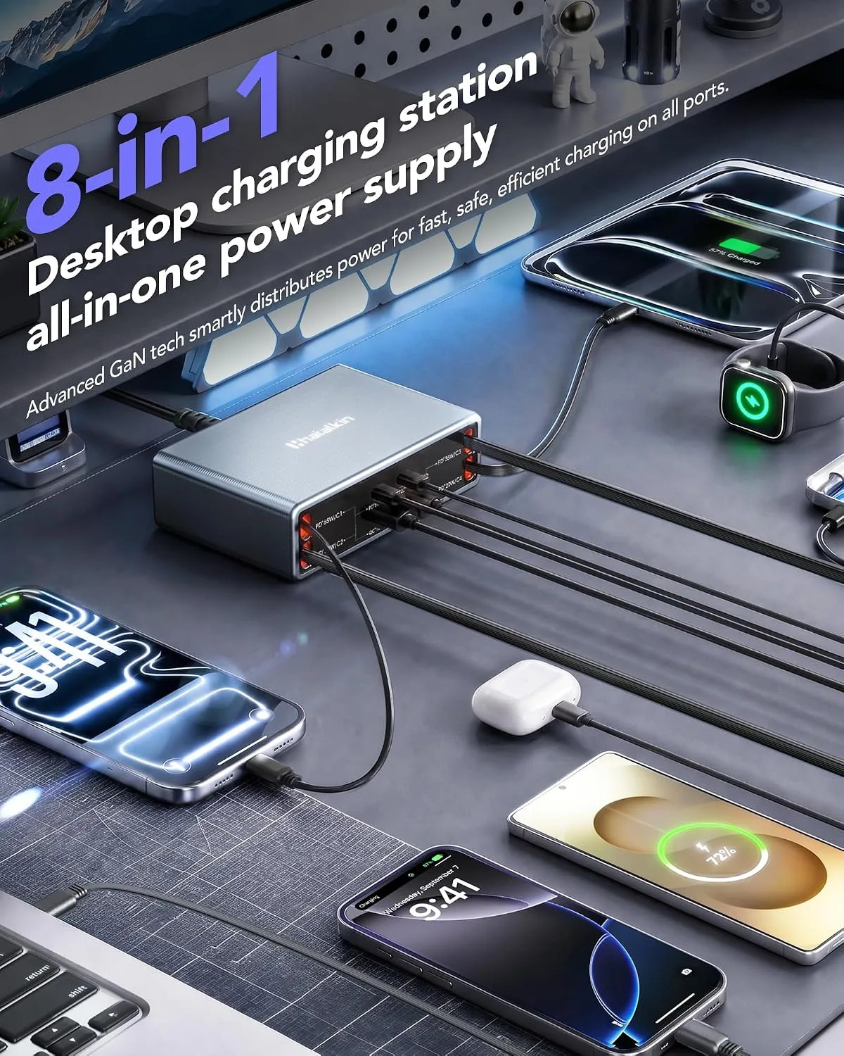 8-in-1 Charging Station for Multi Device,Fast Charger Retractable 65W Cable