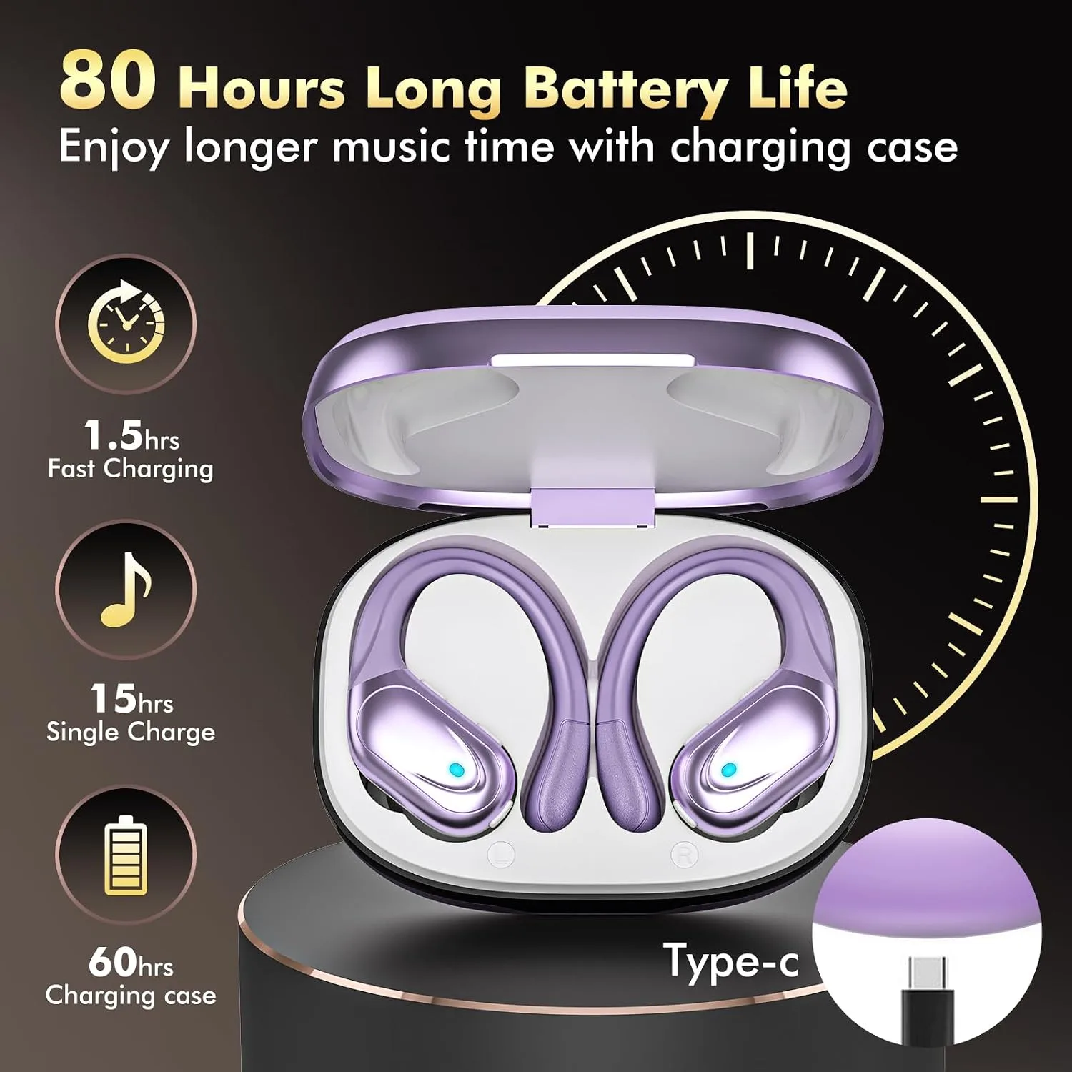 HAOYUYAN Wireless Earbuds, Sports Bluetooth Headphones, 80Hrs Playtime Ear Buds with LED Power Display, Noise Canceling Headset, IPX7 Waterproof Earphones for Workout/Running (Purple)