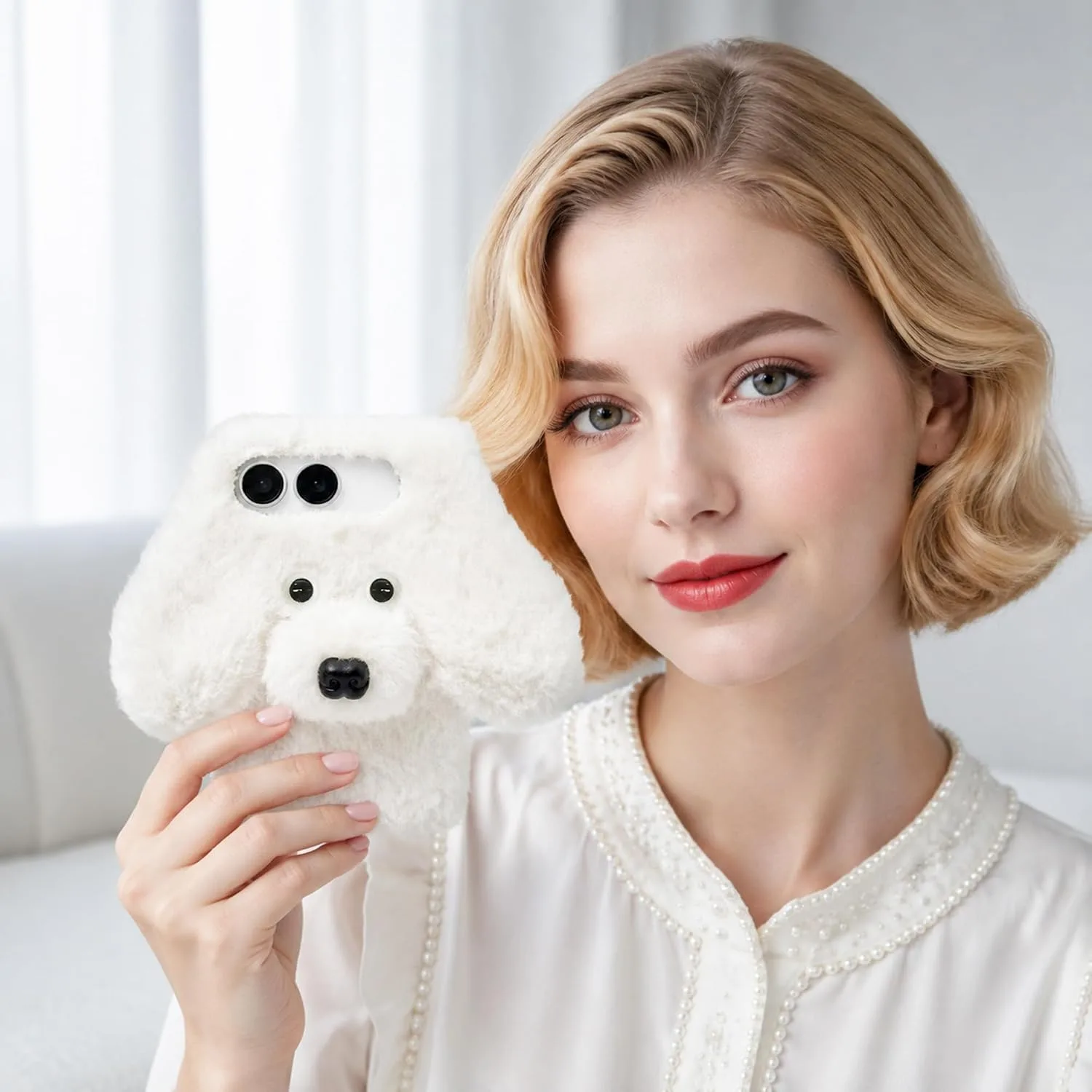 Losin for iPhone Duo Plush Furry Dog Cartoon Case, White