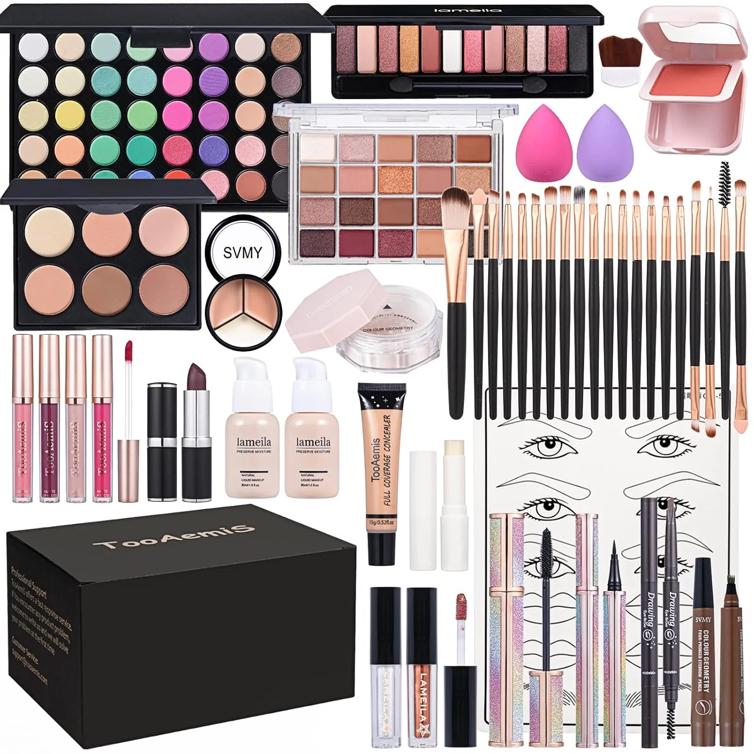 All in One Makeup Kit Makeup Kit for Women Full Kit Multipurpose Makeup ，eyeshadow、 liquid foundation,Loose powder,Eyebrow pencil,4-color lip gloss set