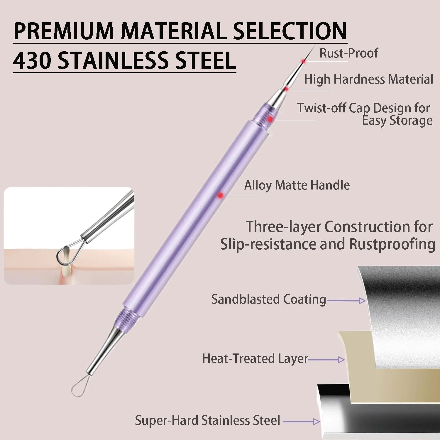 2-in-1 Professional Stainless Steel Acne Removal Needle, Whitehead & Blackhead Remover Tool, Pimples Comedone Extractor Removal Tool, Double Ended Needle with Cap Removal for Nose Face Tools(Purple)