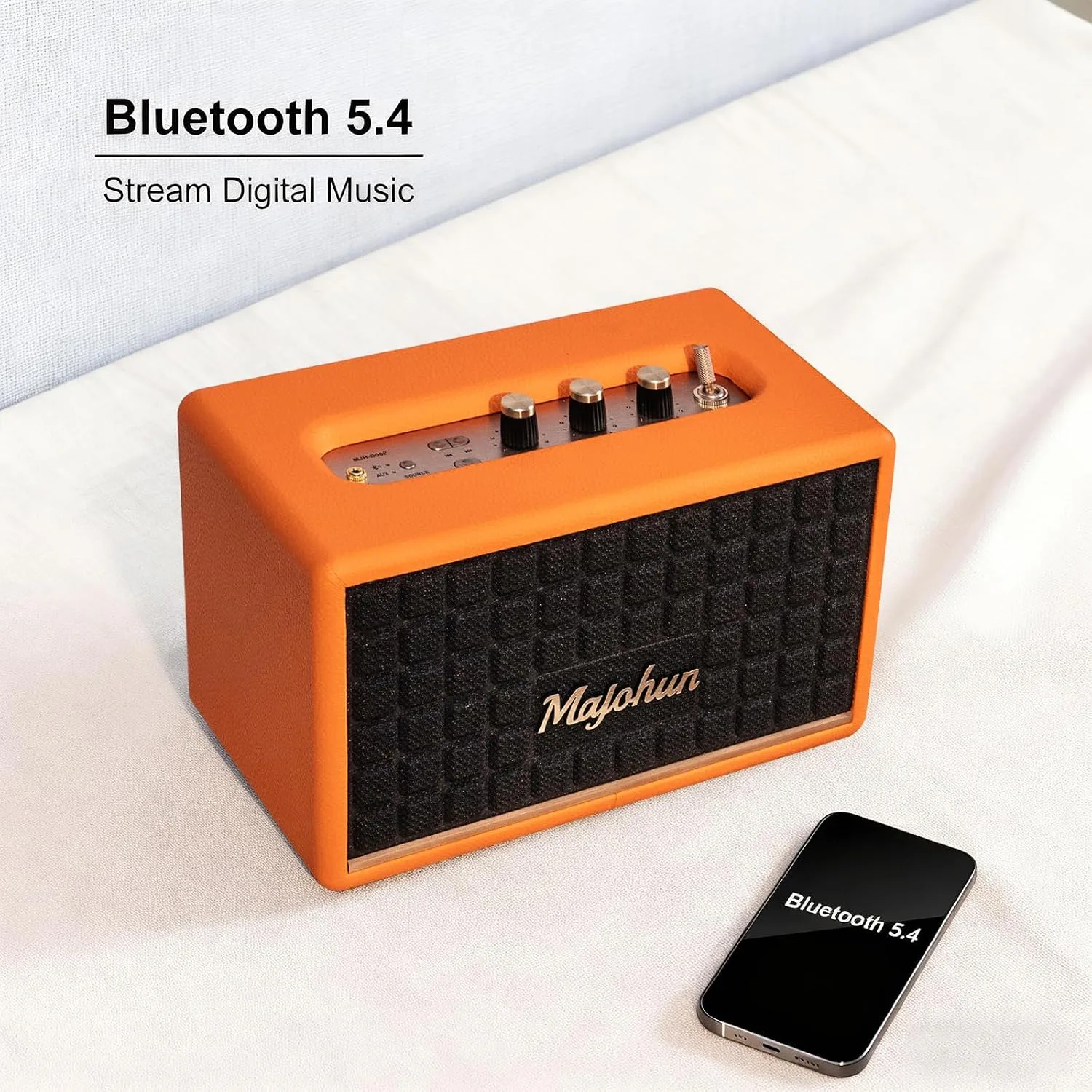 120W Peak Vintage Wood Bluetooth 5.4 Speaker, TWS Stereo (Orange) | Retro style 5.35" woofer with adjustable bass & treble control, deep rich sound, fits home, office, party and outdoor use.