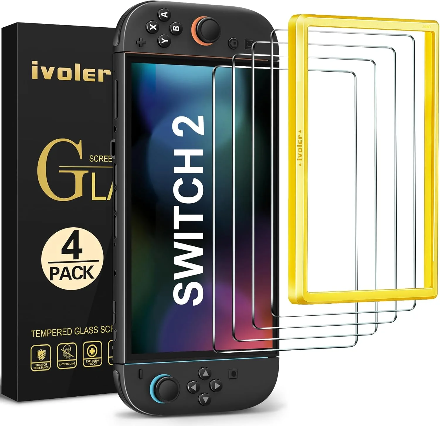 Protector de pantalla de vidrio templado ivoler para Nintendo Switch 2 7.9'' 2025 4 unidades con marco de alineación