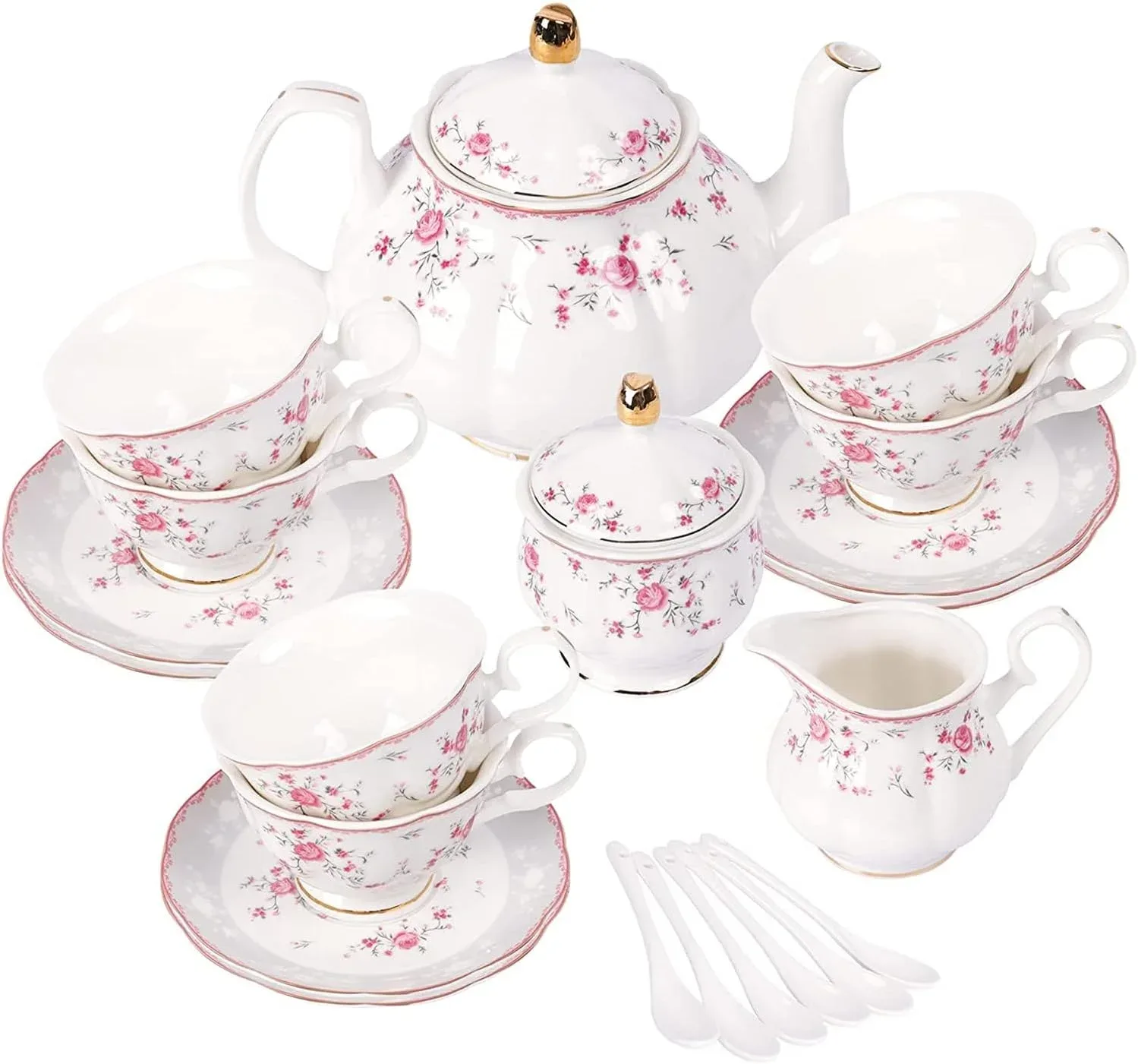 fanquare Vintage Porcelain Tea Set for Women Tea Party, Cup and Saucer Set for 6, Wedding Floral Teapot Set for Adults,
