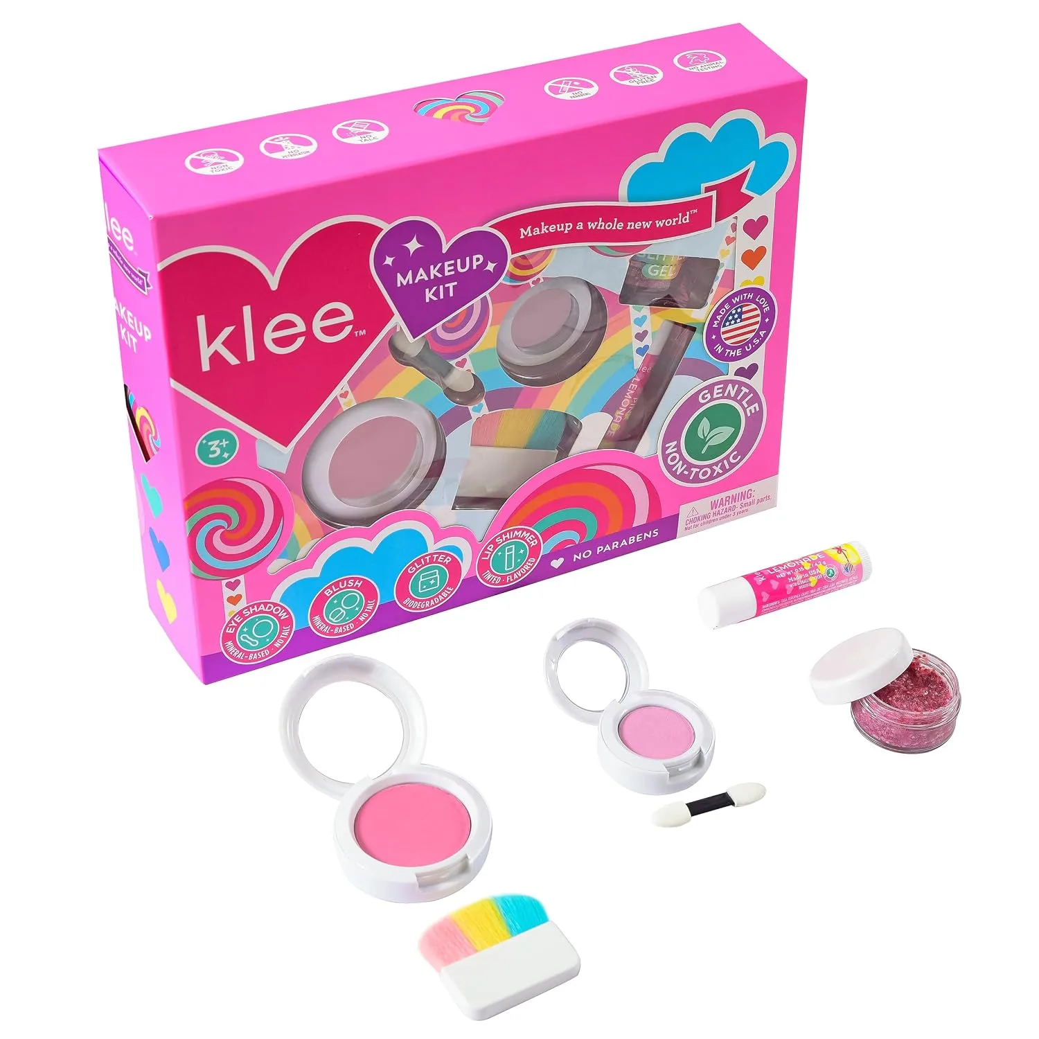 Klee Naturals Makeup Kit with Eye Shadow, Blush, Glitter Gel and Lip Shimmer. Kid-Friendly and Non-Toxic. Made in USA. (Breezy Does It)
