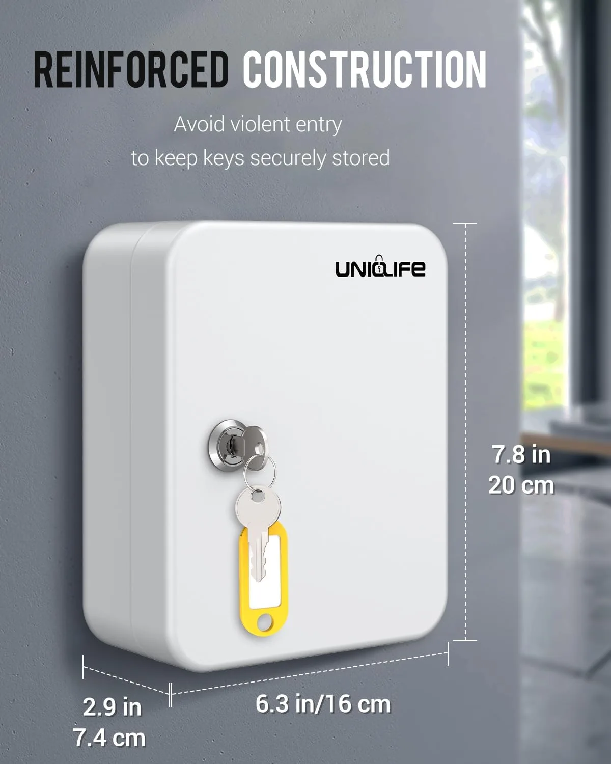 Uniclife 20 Position Key Cabinet with Key Lock Wall Mounted White Security Storage Box Steel Key Organizer with Colorful Key Tag Labels Identifiers Stickers and Hooks