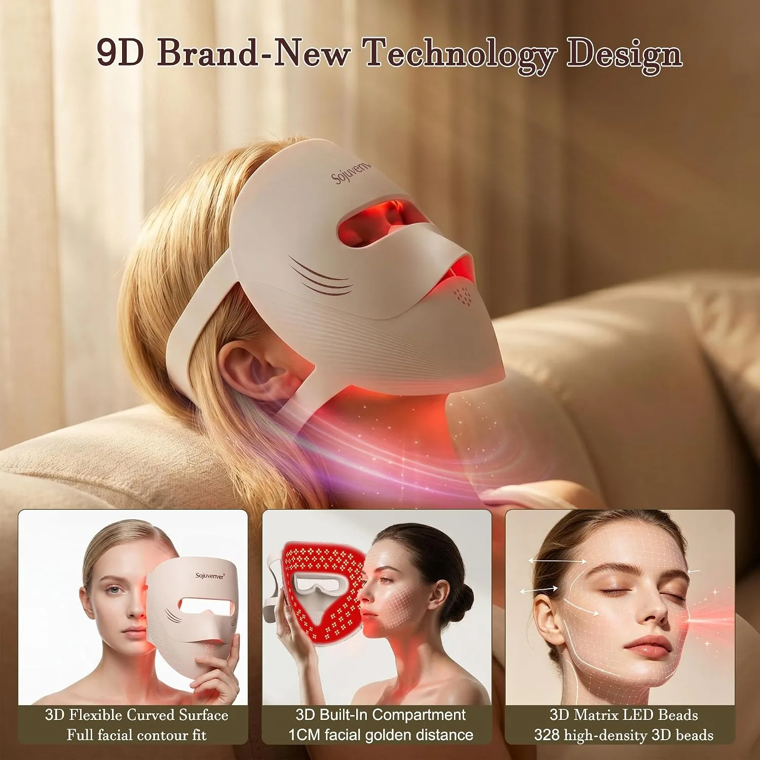 9D Red Light Therapy Mask for Face, 328 LEDs Anti Aging Red Light Mask