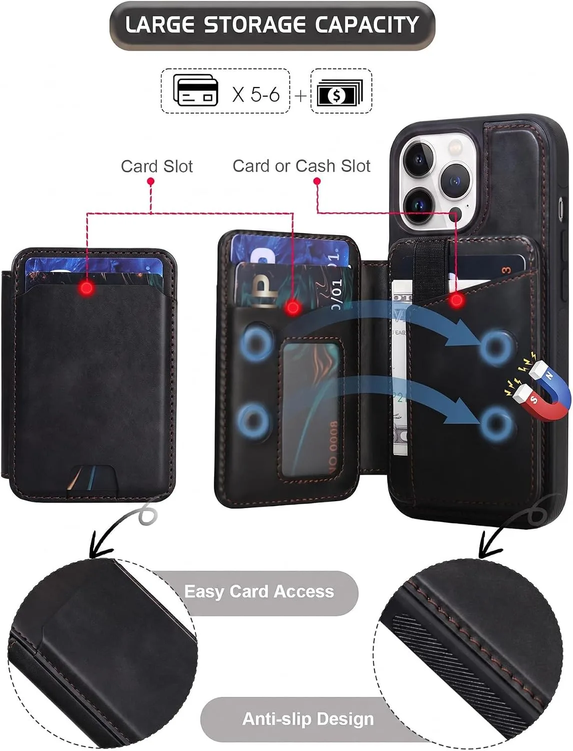 Magnetic Detachable Wallet Case for iPhone 16 Pro with Kickstand,2-in-1 MagSafe Compatible RFID Blocking Card Holder,Slim PU Leather Cover Black