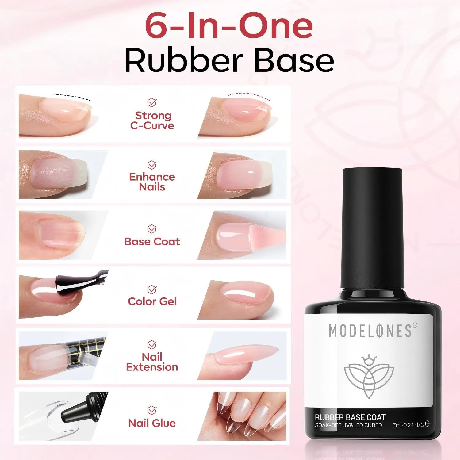modelones Builder Rubber Gel Base Coat for Nails, Jelly Pink Rubber Base Gel Nail Polish for Strengthen Apex Building Extension Protect Weak Nails Long Last U V Manicure Gift for Women