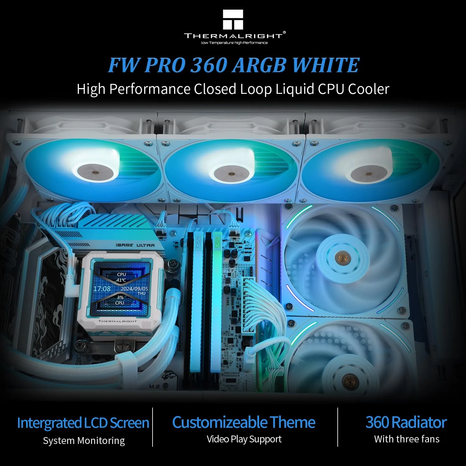 Thermalright FW PRO 360 ARGB White CPU AIO Cooler,IPS LCD Screen with 320 * 320 Resolution,for AM5&Intel 1700/1851,High-Performance 360 Specs Water-Cooled with 2.73in Removable Display