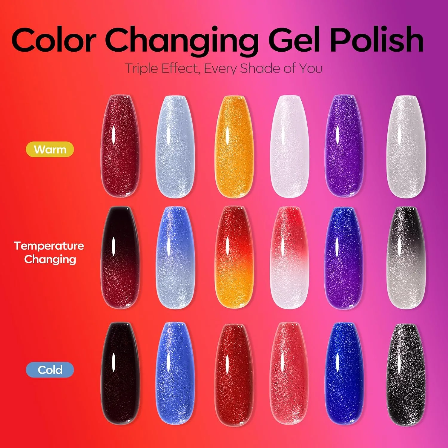 modelones Gel Nail Polish Set Glitter Color Changing 6Colors Red Blue Black