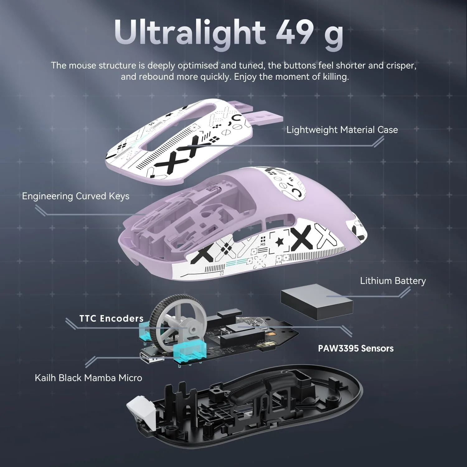 ATTACK SHARK X3 49g Ultra-Lightweight Wireless Gaming Mouse, Purple&Tape