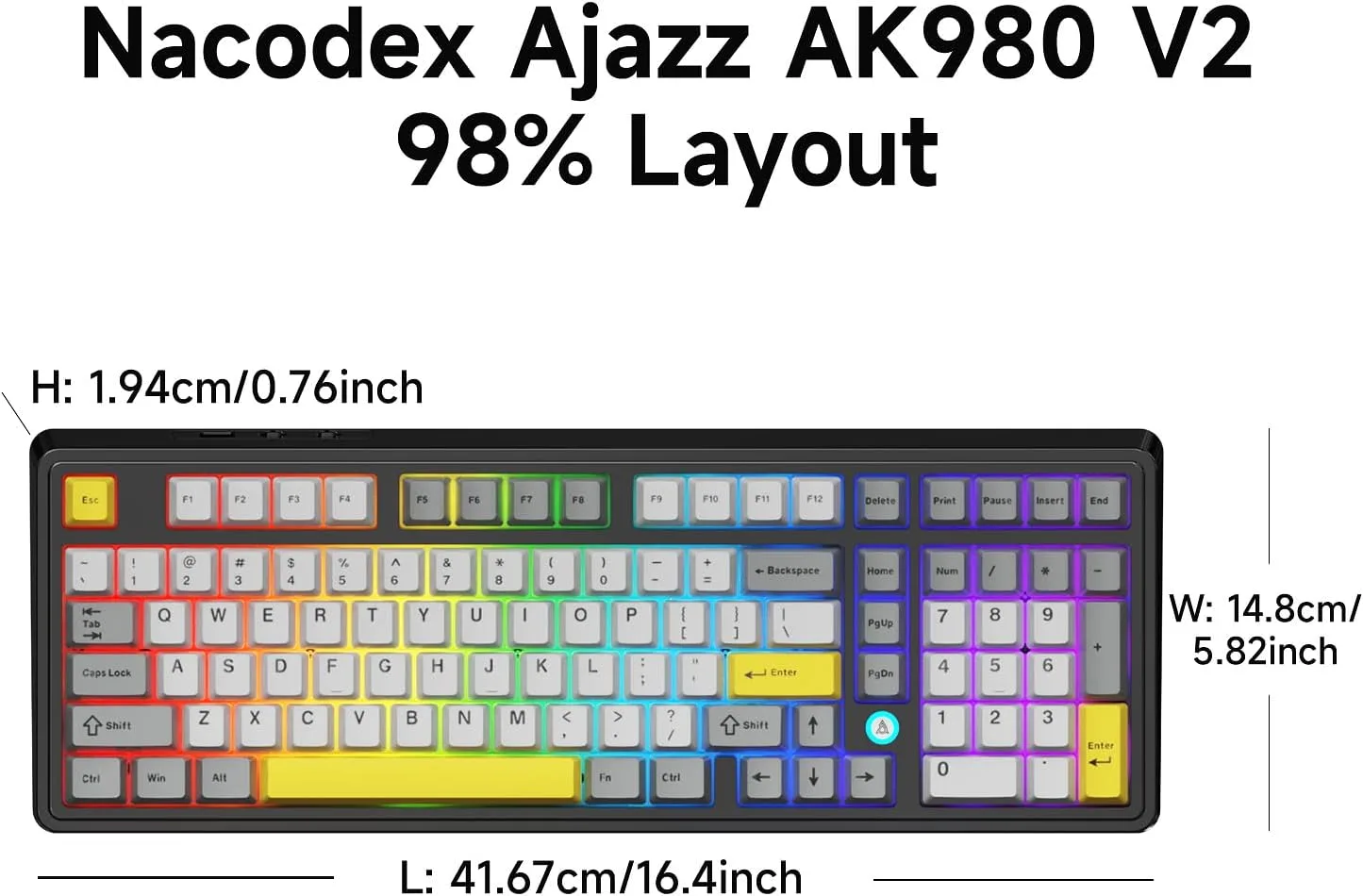 NACODEX Ajazz AK980 V2 Grey Yellow Wireless Mechanical Gaming Keyboard,Tri-Mode BT5.0/2.4GHz/USB-C Hot Swappable Custom RGB Backlit Computer Gaming Keyboards for PC/Tablet/PS/Xbox