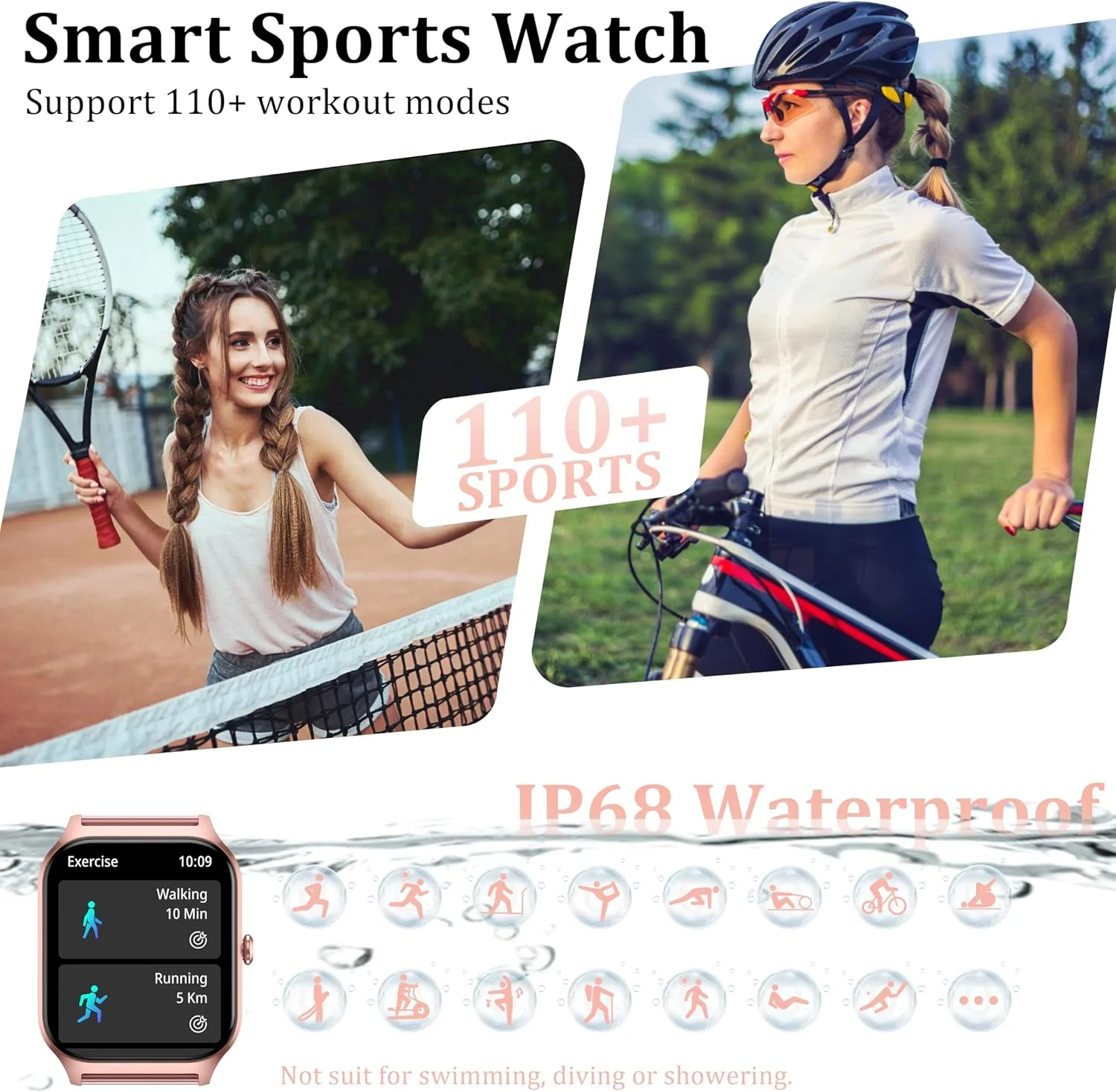 Smart Watch Women Men, 1.85" Reloj Inteligente para mujer hombre, Make/ Answer Call, Health Monitor/Blood Pressure, 110+ Sports Modes, Voice Control, IP68 Waterproof Compatible with Android & iPhone