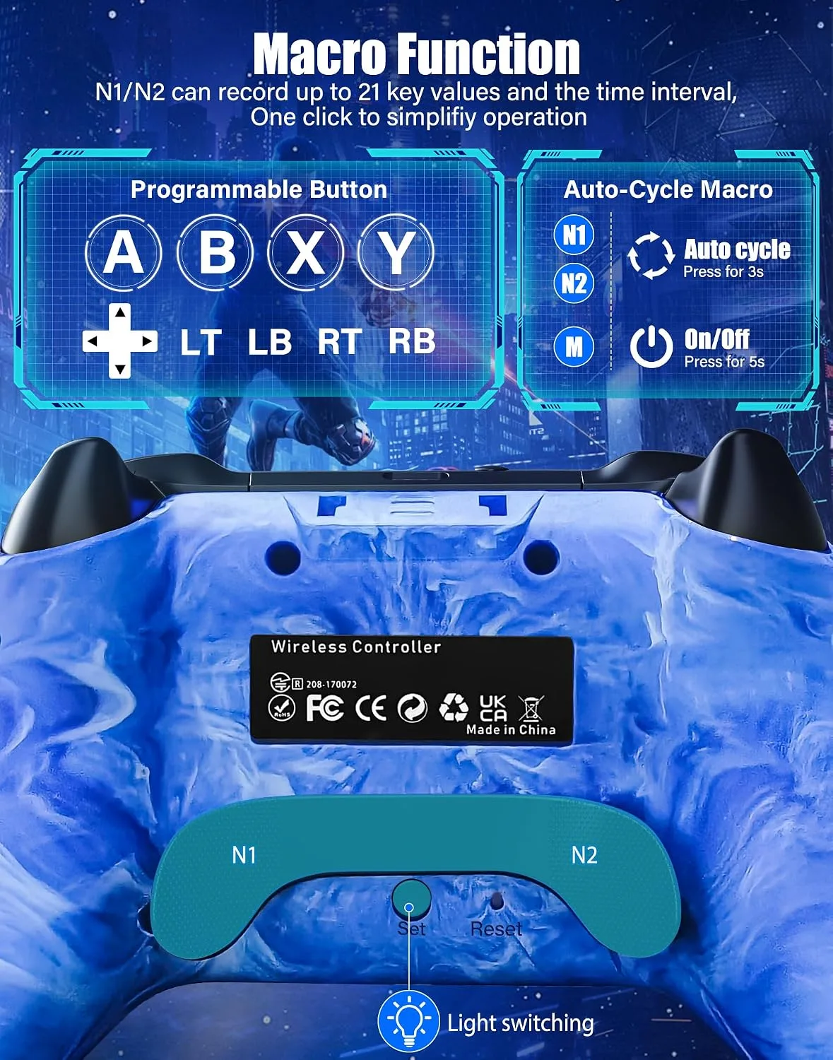 JAVRUNWOF Switch Controller-Wireless-Switch-Pro-Controllers-Blue Compatible with Switch/Lite/OLED,1200mAh Rechargeable Remote Gamepad Joystick with 10 RGB Led Light,6-Axis Gyro,Turbo,Wake Up,Motion