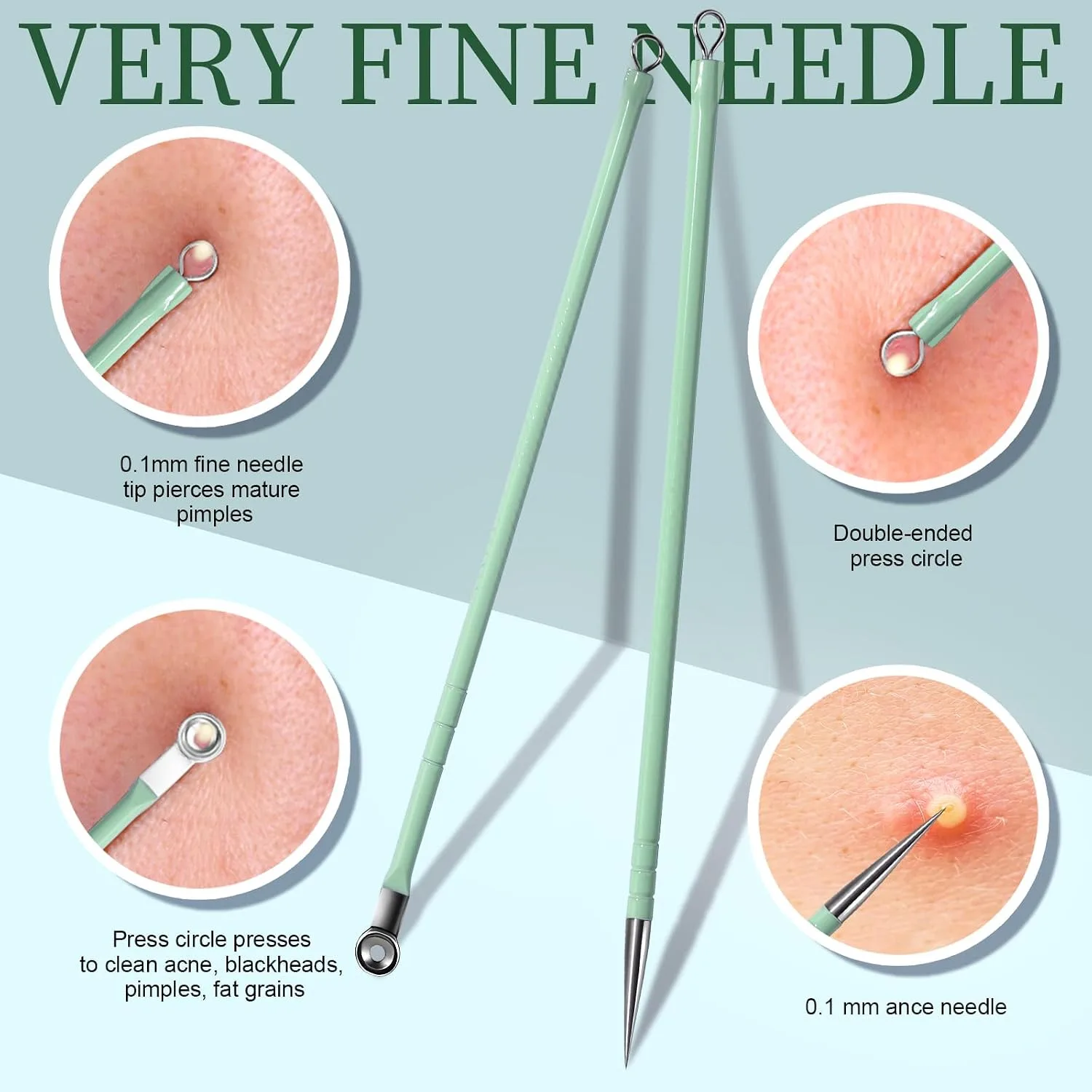 Teenitor 7 Pcs Surgical Grade Blackhead Remover Tools and Pimple Popper Tool Kit, Ingrown Hair Tweezers, Blackhead Tweezers, Precision Tweezers, Pimple Extractor, Light Green