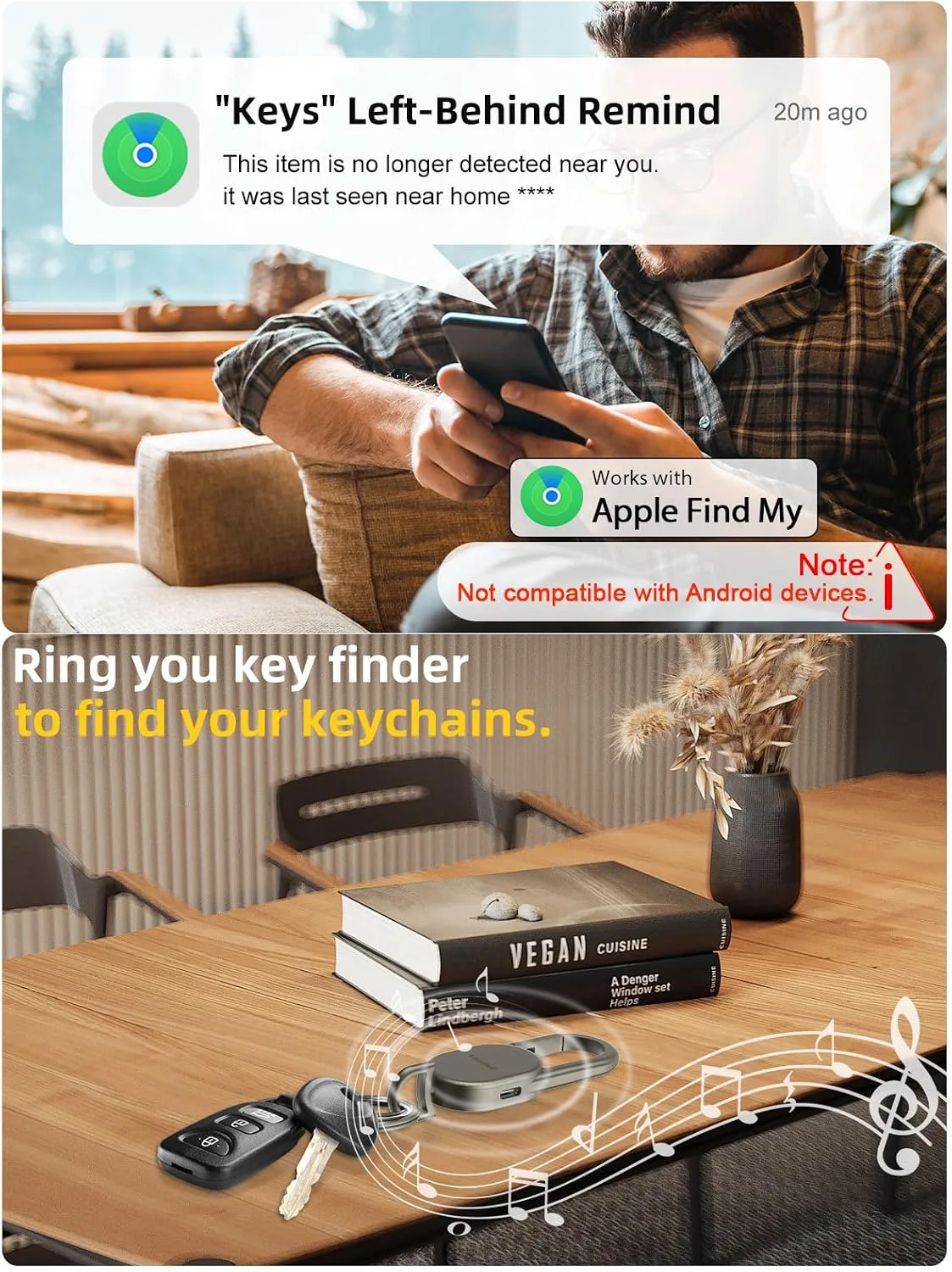 Find My Key Finder, Stainless Steel Keychain, Rechargeable Tracker