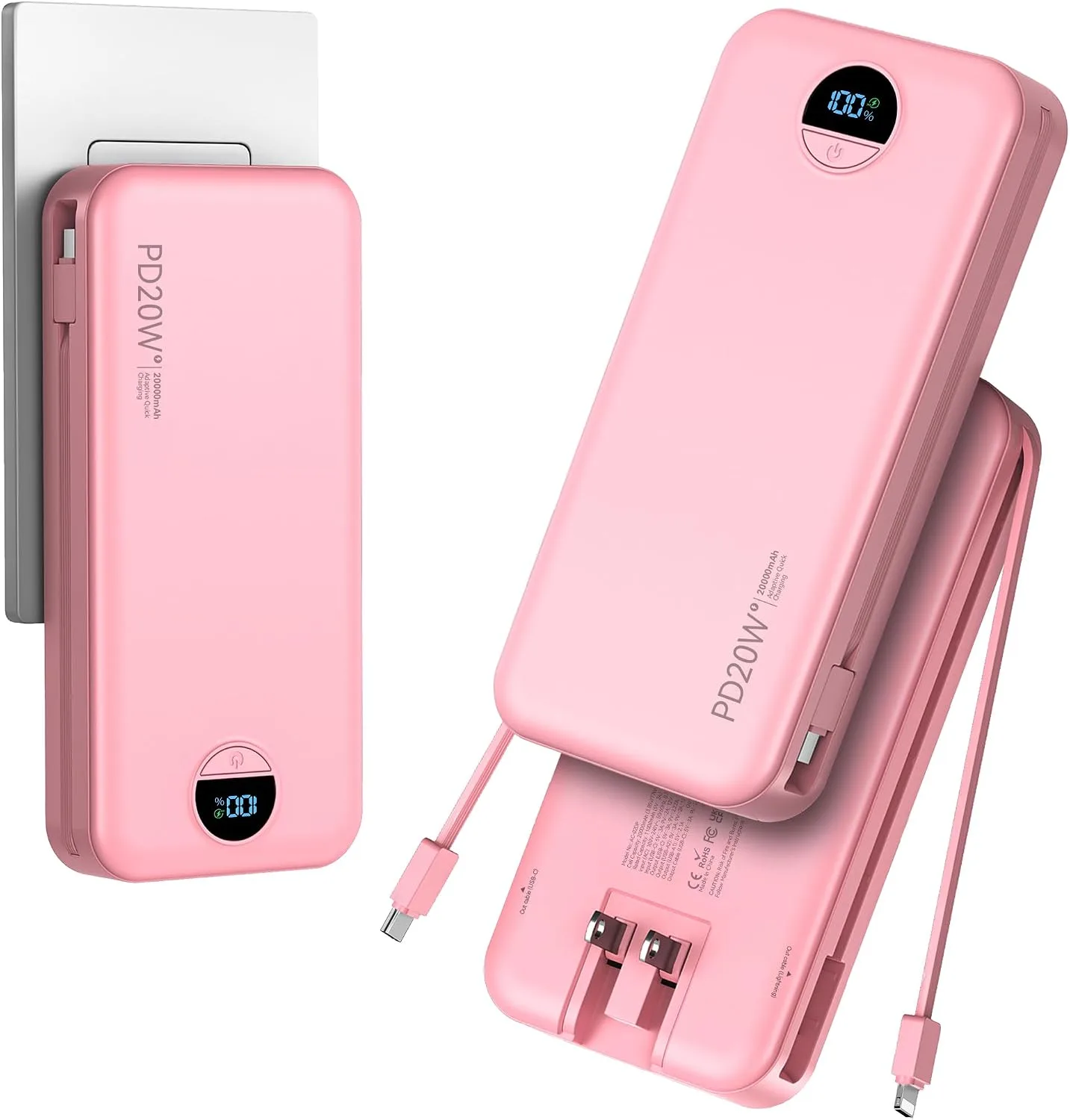 Portable Charger Power Bank 20000mAh with Built in Cables & Wall Plug