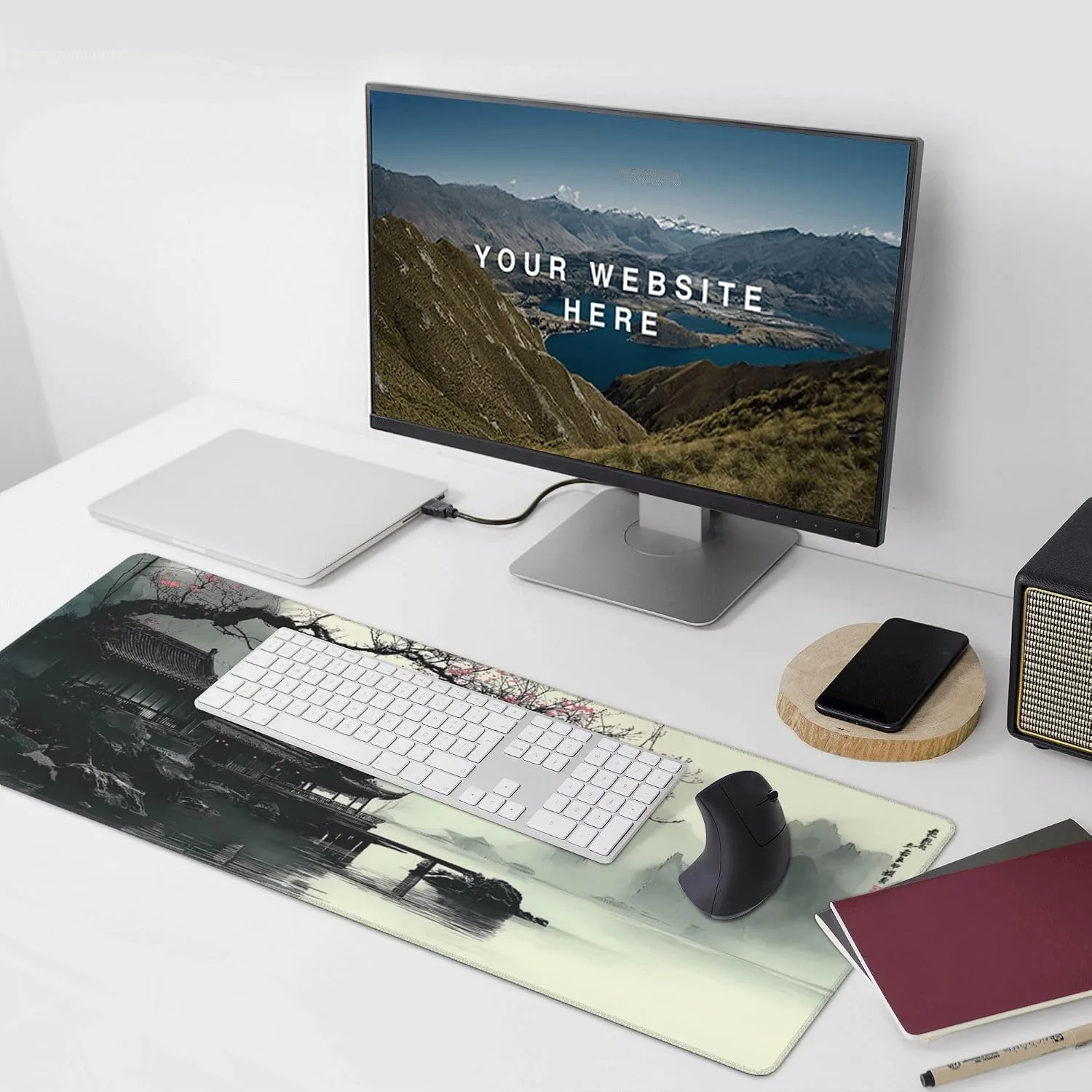 XL Extended Mouse Pad & Keyboard Desk Mat, Japanese Watercolor Cherry Blossom, Non-Slip Rubber Base, 35.4" x 15.7