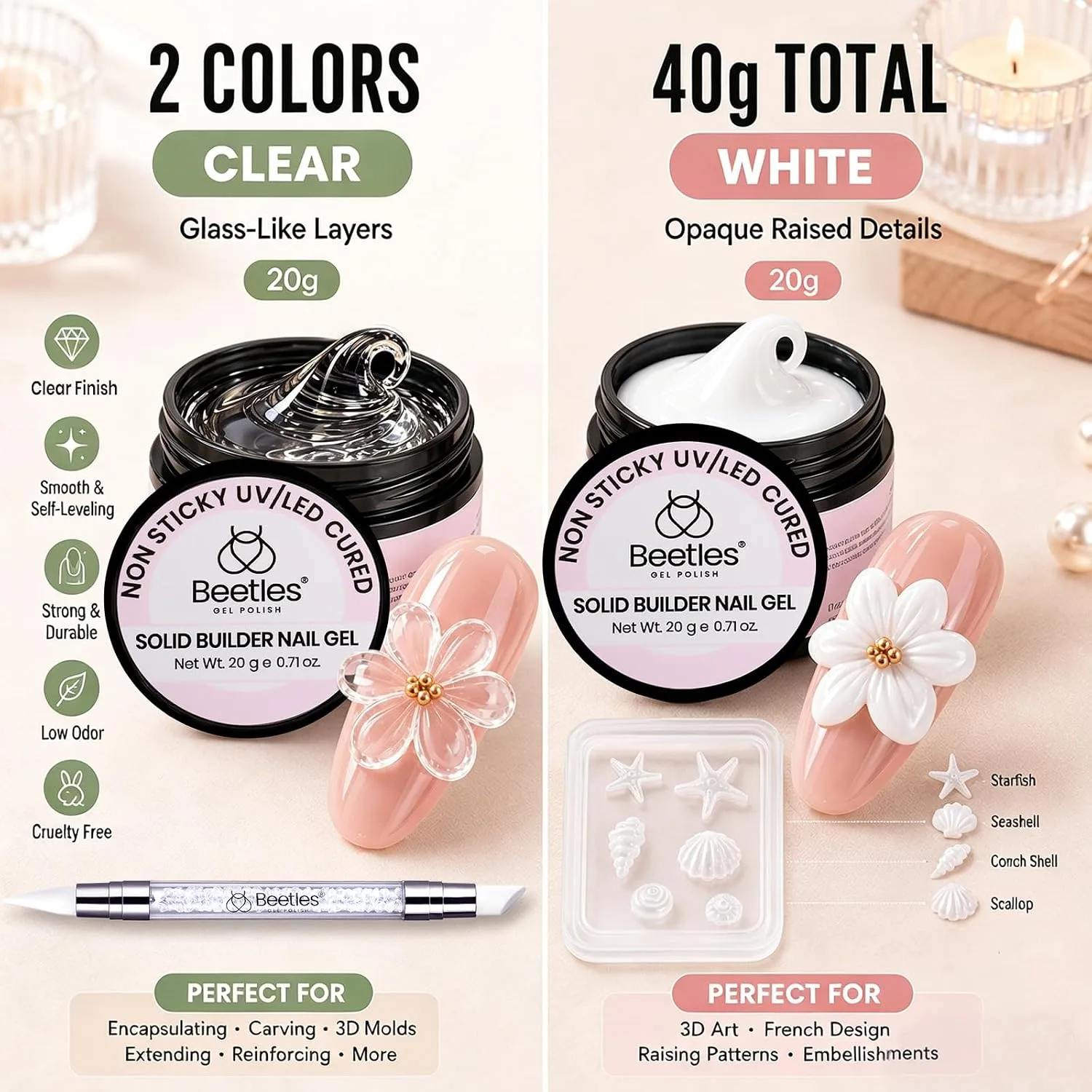 Beetles 3D Gel Nail Art, 2 Pcs Clear & White with Sculpting Pen and 3D Mold