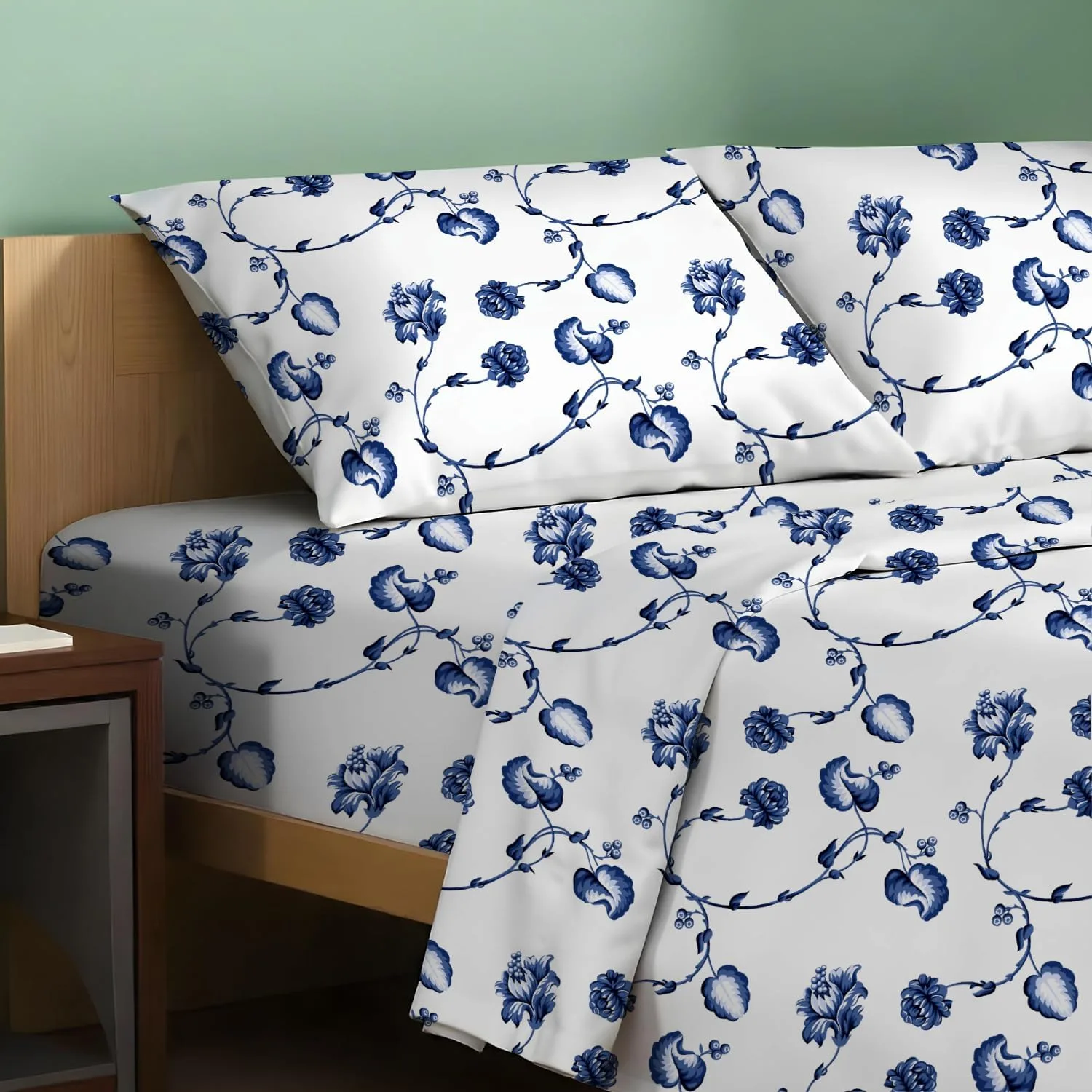 TEXAS LINEN CO. 100% Organic Cotton Printed Sheets King Size - 4 PC Organic Cotton Percale Sheets King Set (Floral Blue) Cooling & Breathable Sheet, 16" Deep Pocket Hotel Bedding - GOTS Certified