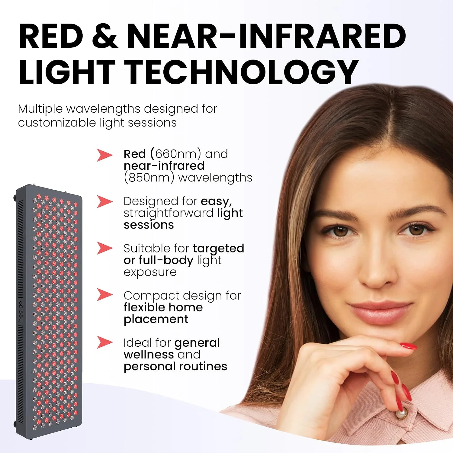 Hooga HG500 Red Light Therapy Panel, 100 LEDs, 660nm Red & 850nm Near-Infrared Light, Built-in Timer, Door Hanging Kit