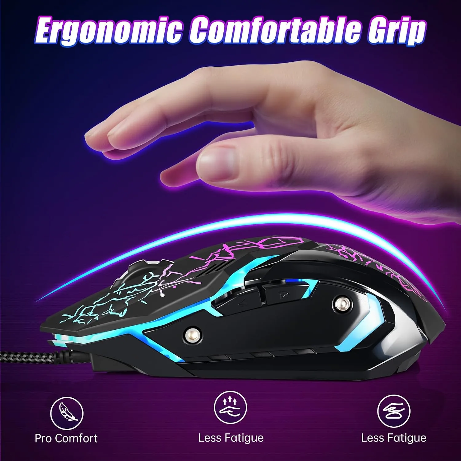 Wired Gaming Mouse,Ergonomic Optical Gaming Mice with 7 Color LED Backlight, 4 DPI Settings Up to 3600 DPI Computer Wired USB Mouse for Laptop/mac, 6 Buttons, Black