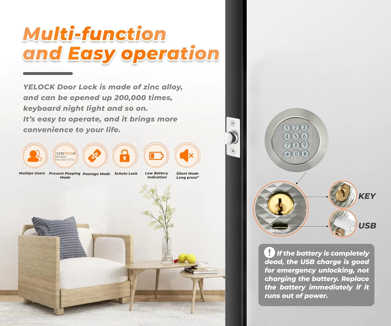 Buoan Electronic Keypad Door Knob, Keyless Entry Door Lock, Nickel