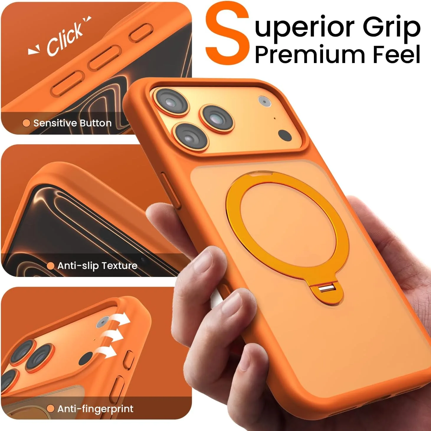 Mkeke for iPhone 18 Pro Max/17 Pro Max Case Orange [360° Magnetic Stand]