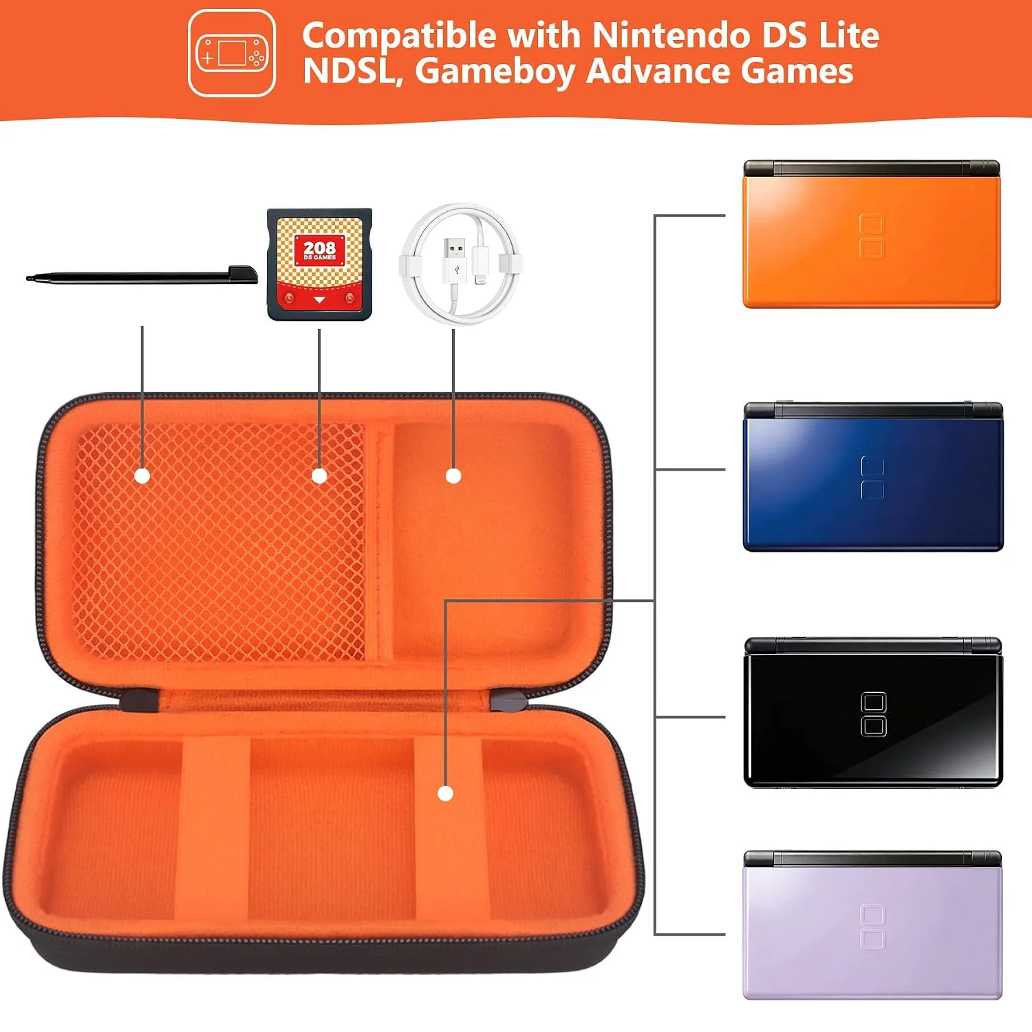 Supmay Hard Carrying Case Compatible with Nintendo DS Lite NDSL, Gameboy Advance Games Storage Holder Travel Bag with Mesh Pocket for USB Charging Cable, Stylus, Earphones, Game Cartridge, Orange