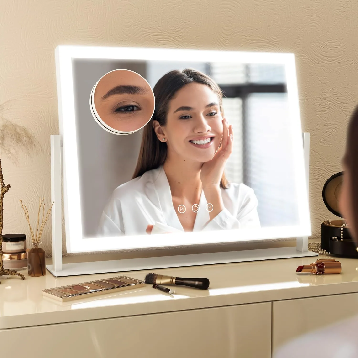 FENNIO Vanity Mirror with Lights 13'' x 17'' Makeup Mirror with Lights,Vanity Mirror Touch Screen with 3-Color Lighting,Dimmable,for Vanity Desk Bedroom White