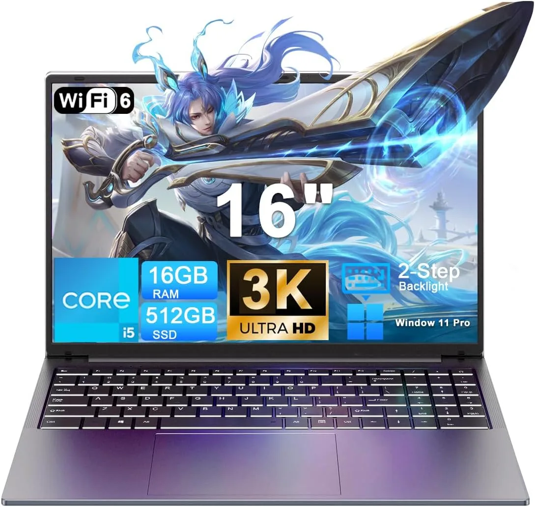 XNQ Laptop Computer, Gaming Lap top PC 2026, Core i5 Turbo 3.80GHz, 16 Inch 3072 * 1920 Display, 8000mAh Battery, 16GB RAM 1TB TF Expand, 512GB SSD, Backlit, Type-C, Privacy Care, WiFi6 Win 11 pro