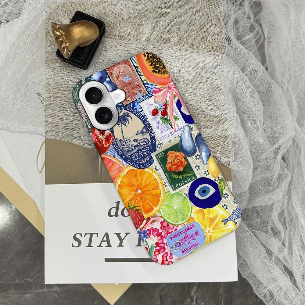 Case Compatible with iPhone 17,Fall Prevention Hybrid 2-Layer Hard Shell Phone Cover for Girls Boys,Bow European Summer Lemon Collage