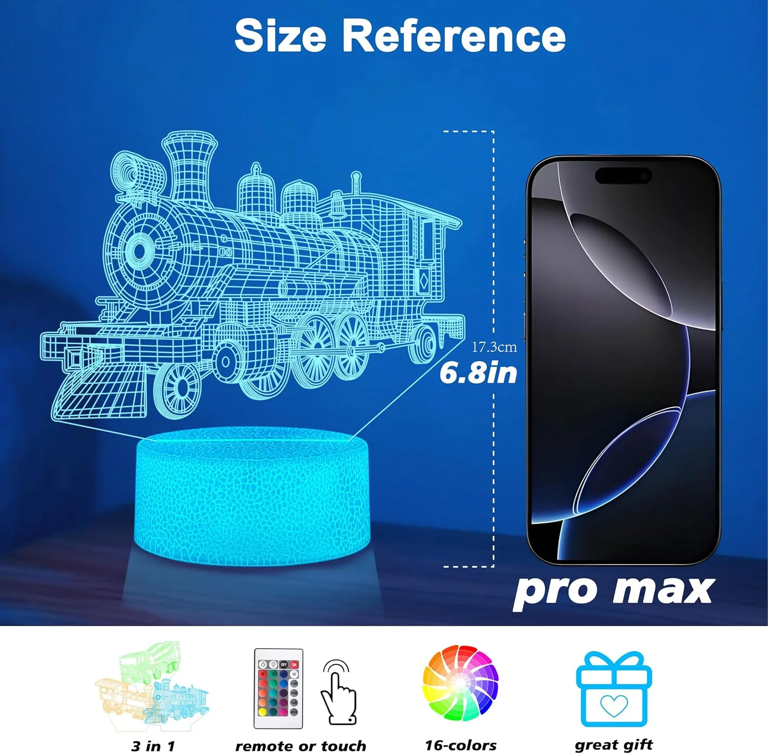 Boys Night Light with 3 Patterns, 3D Acrylic Train Illusion Lamp, Railway Themed Decor for Kids Ages 4-7, 16 Color Changing with Remote Control, Birthday & Holiday Gift for Train Fans