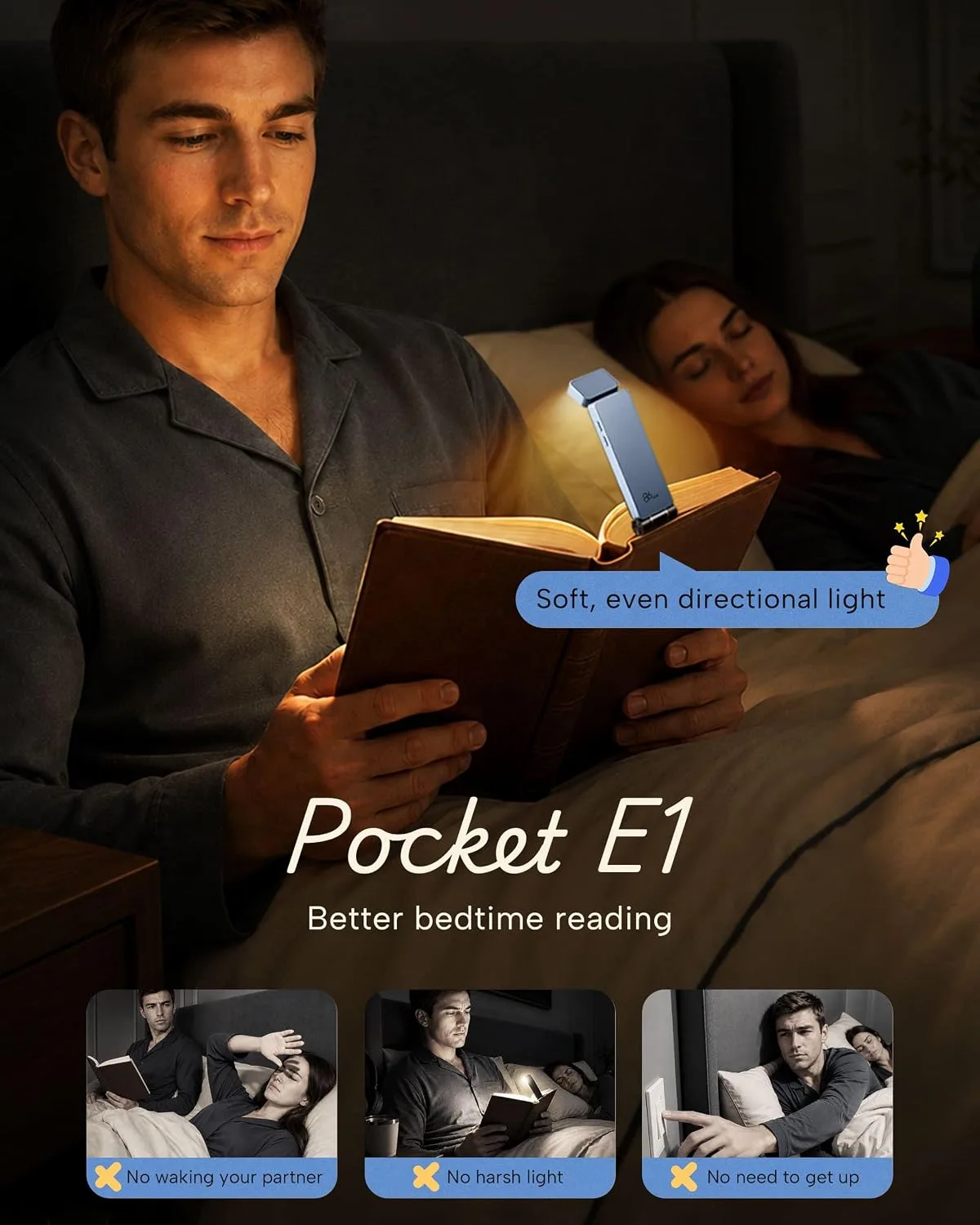86lux Book Light, Rechargeable Clip-On LED Reading Light for Bed & Night Use - 3 Color Temperatures with Stepless Dimming, Ultralight Bookmark Design for Kids, Book Lovers, Blue