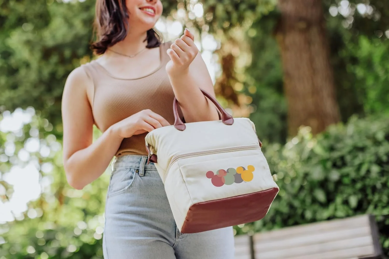 PICNIC TIME Disney Mickey Mouse Urban Lunch Bag Insulated Two Tier Cooler Lunch Tote with Dry Storage and Leatherette Handles Stylish Soft Cooler, (Beige with Brown Accents)