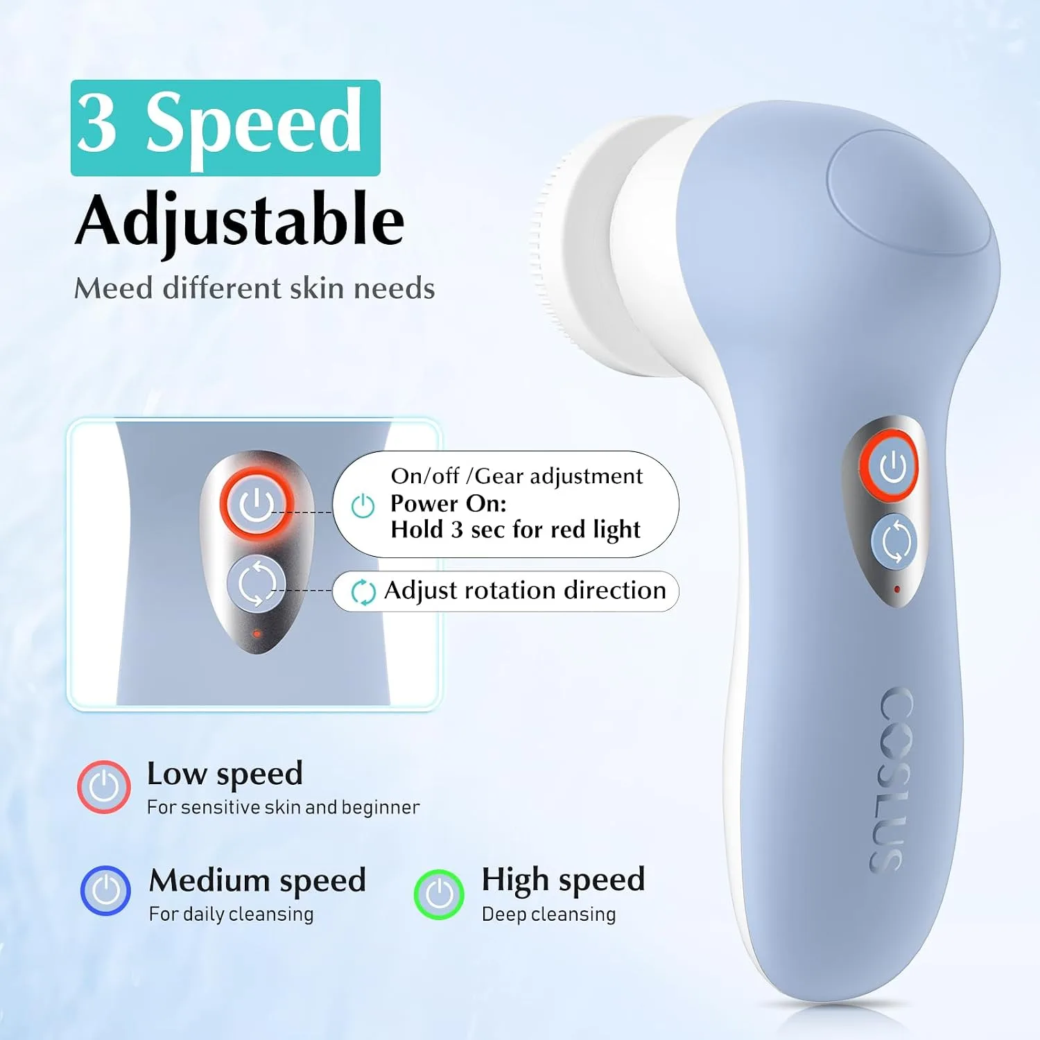 COSLUS FBX04 Facial Cleansing Brush Scrubber, 3-in-1 Bi‑Directional Spin