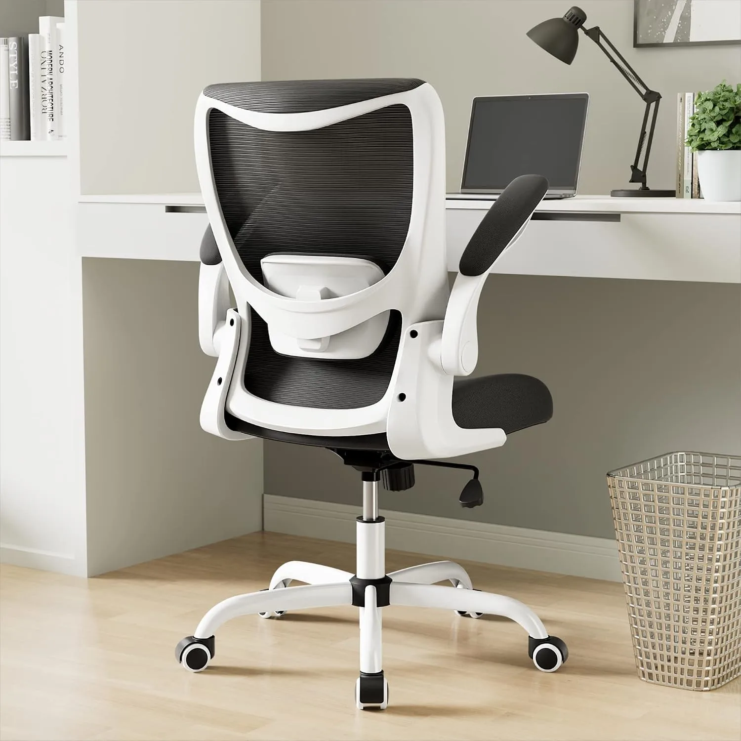 MUXX.STIL Office Chair, Ergonomic Desk Chair with Adjustable Lumbar Support and Flip up Armrest, Breathable Mesh Computer Chair for Home Office, White
