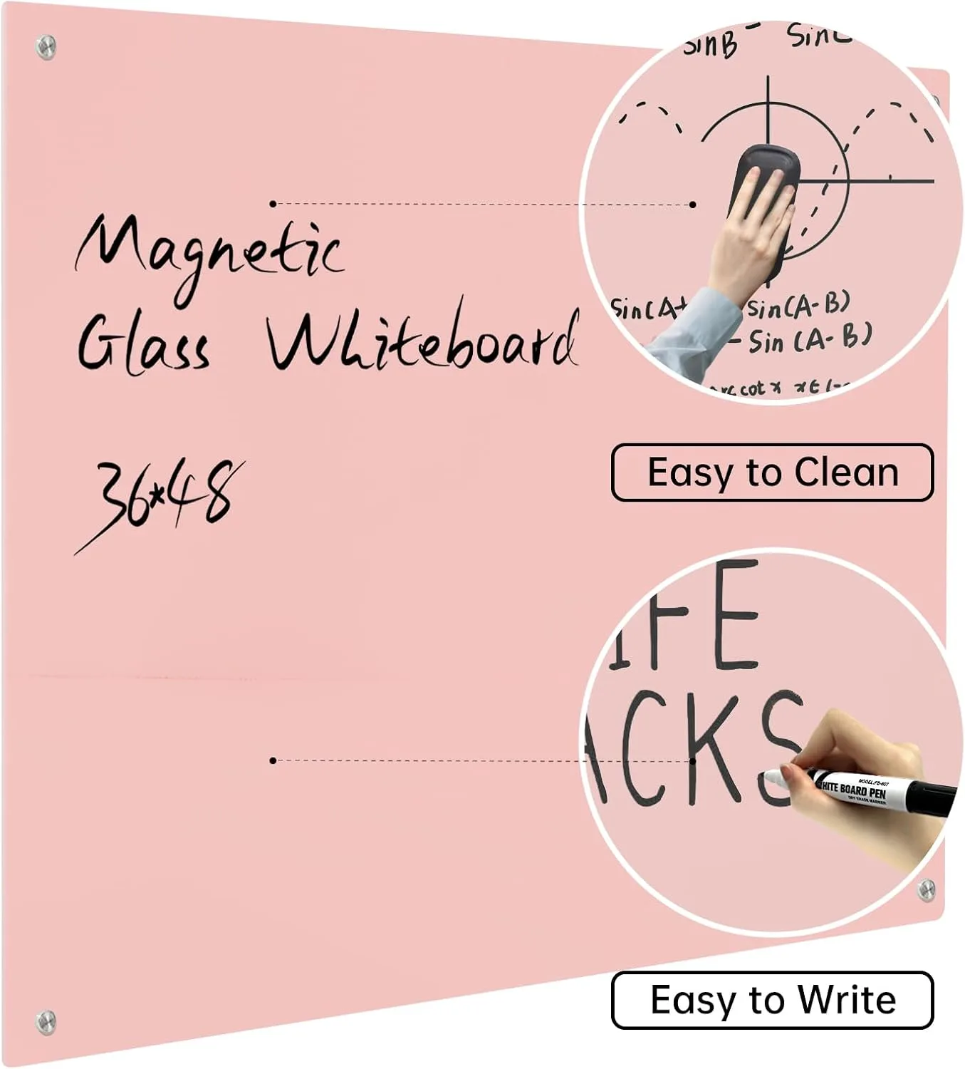 Magnetic Glass Dry Erase Board - White Board 48 x 36 Inch Wall Mounted Glass Whiteboard, Large Frameless Glass White Board for Wall Office, Home & School, Pink
