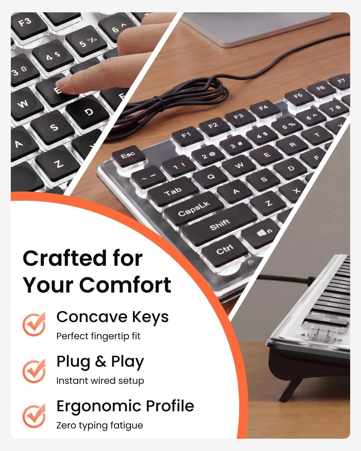 Wired Keyboard with White Backlit, Never Fade, Soft Click Typing, Black